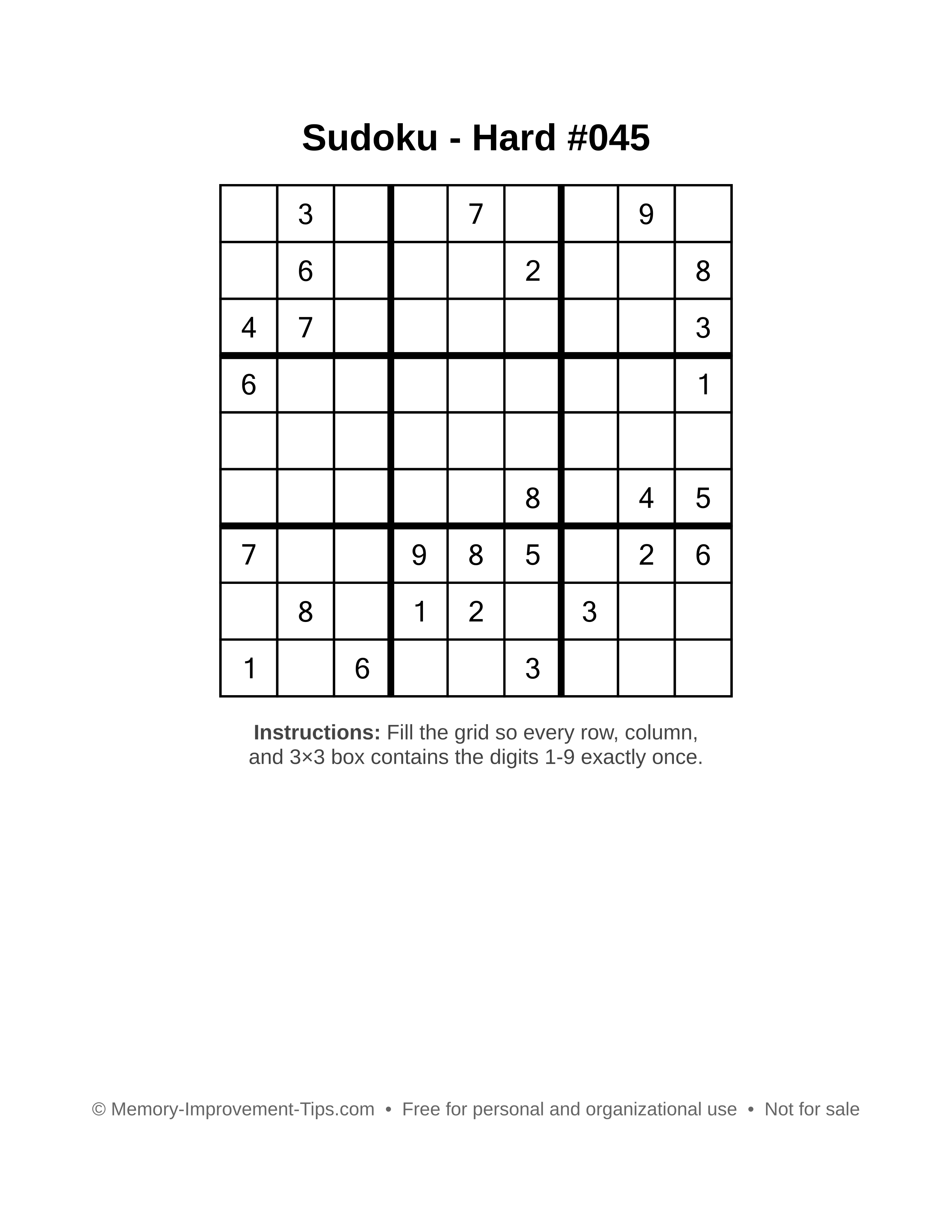 Free printable Sudoku puzzle Hard #045