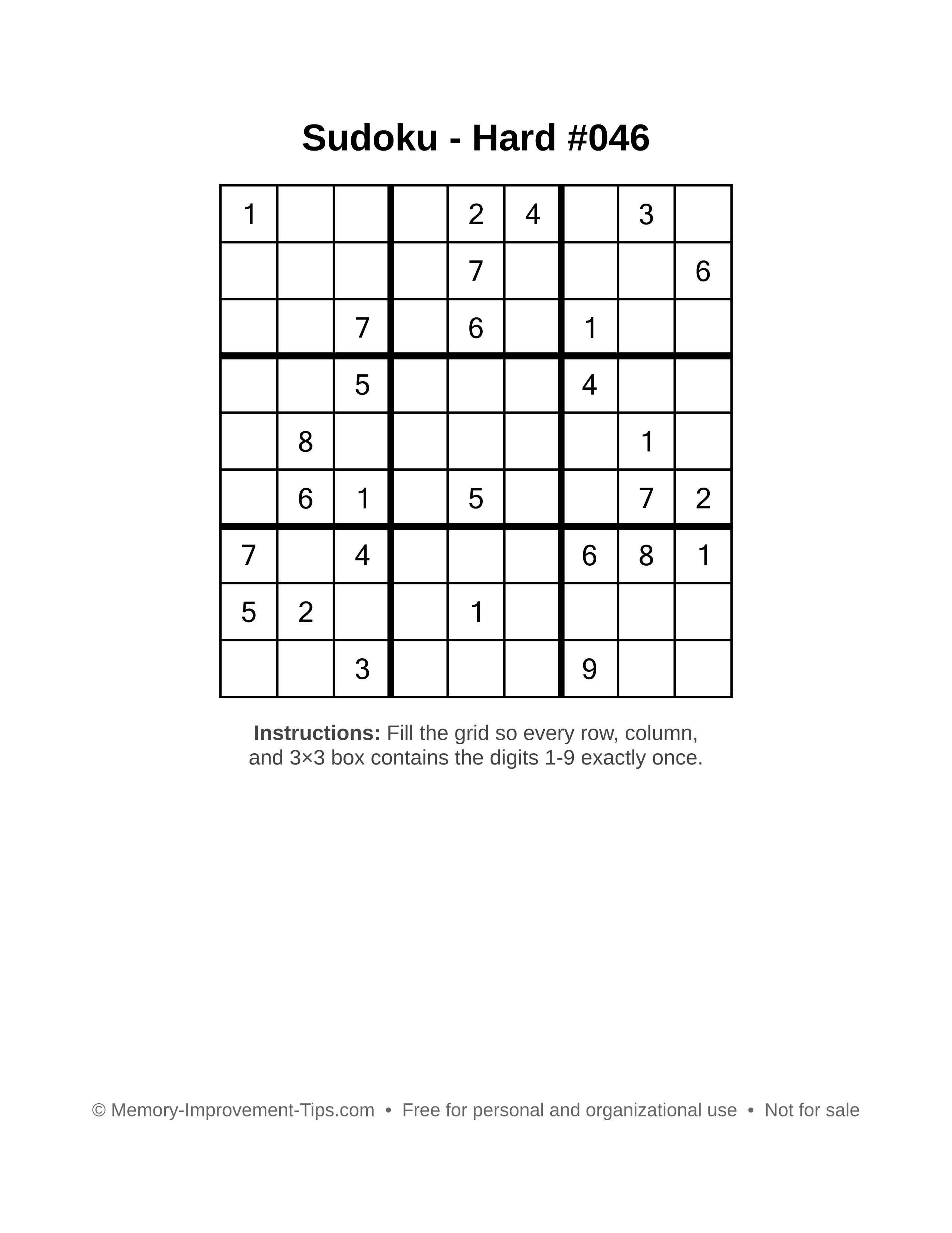 Free printable Sudoku puzzle Hard #046