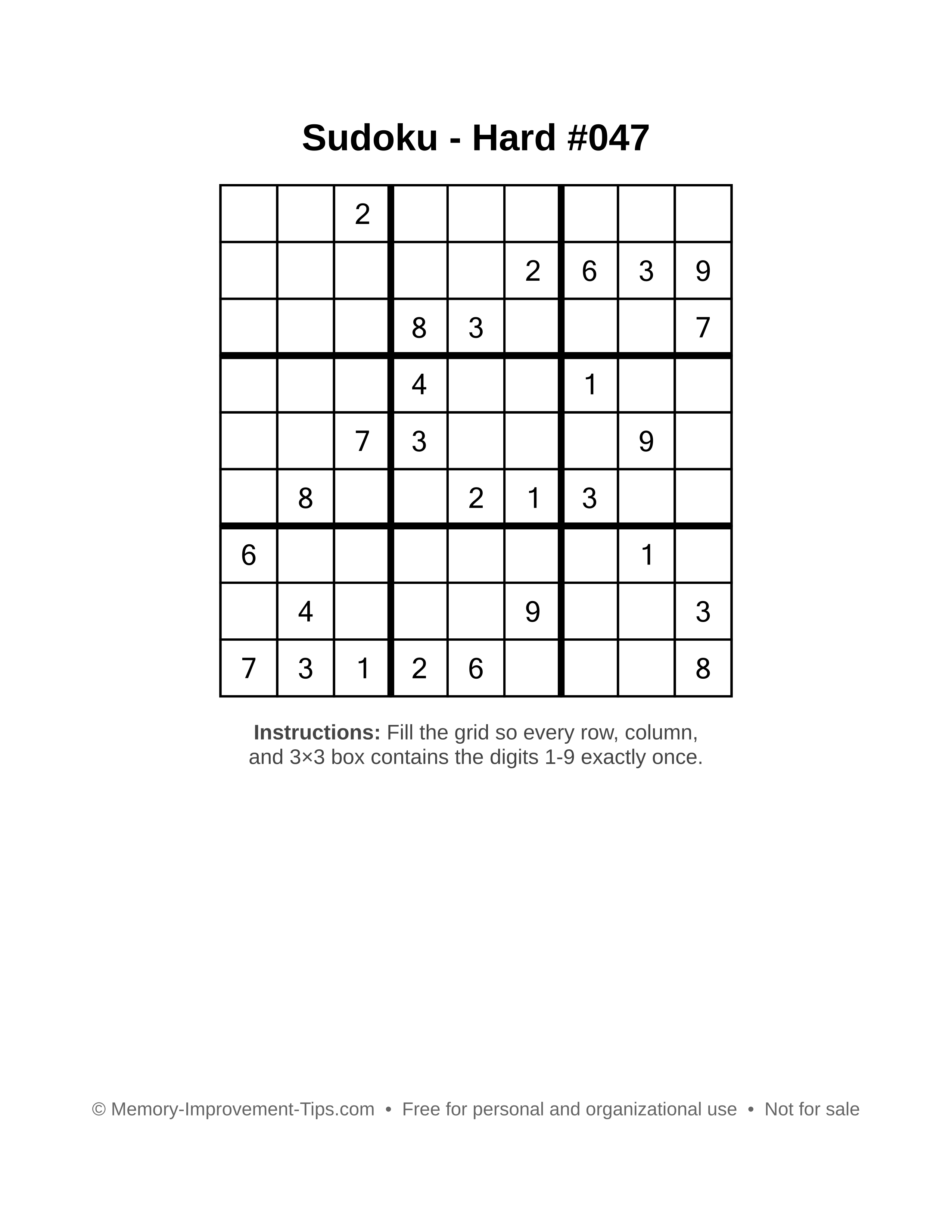 Free printable Sudoku puzzle Hard #047