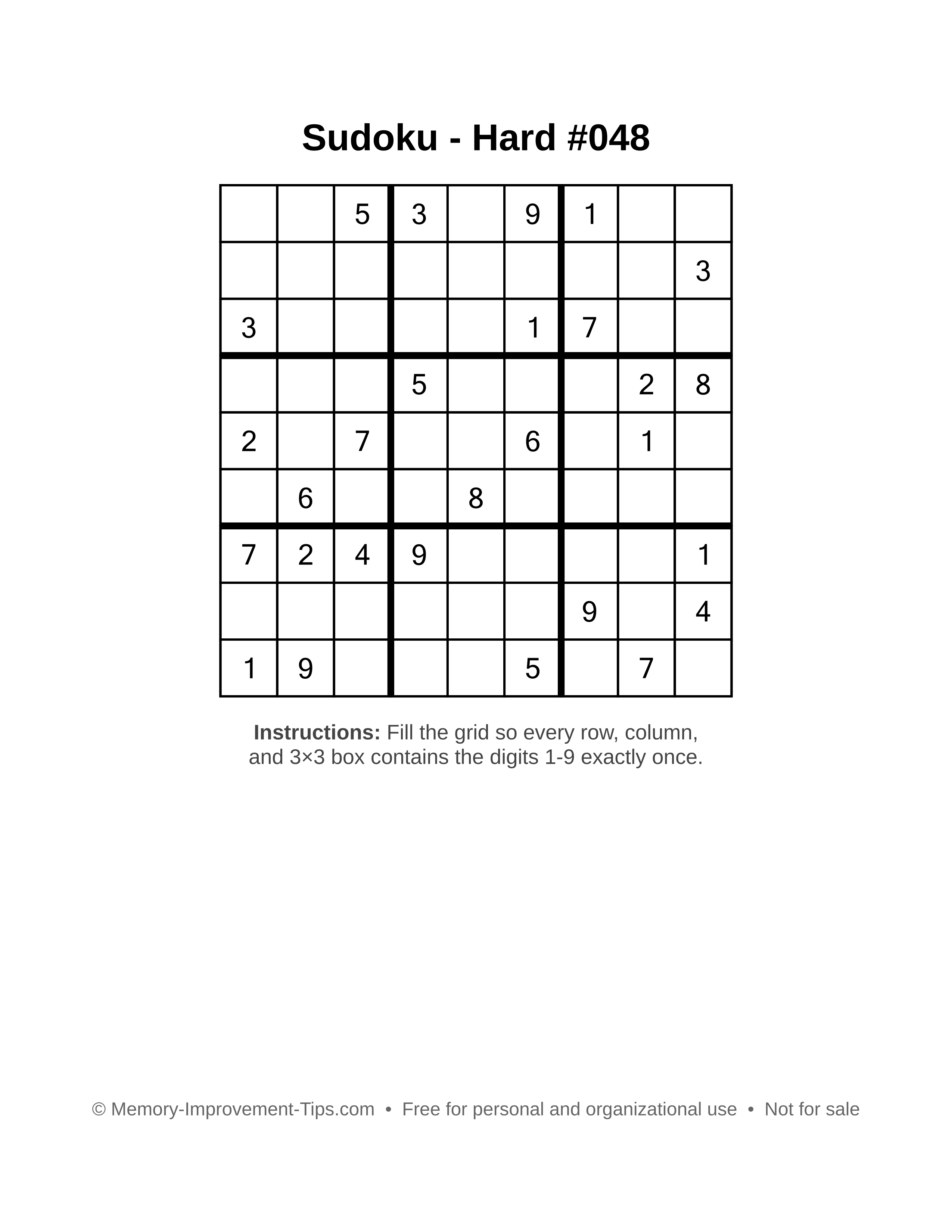 Free printable Sudoku puzzle Hard #048