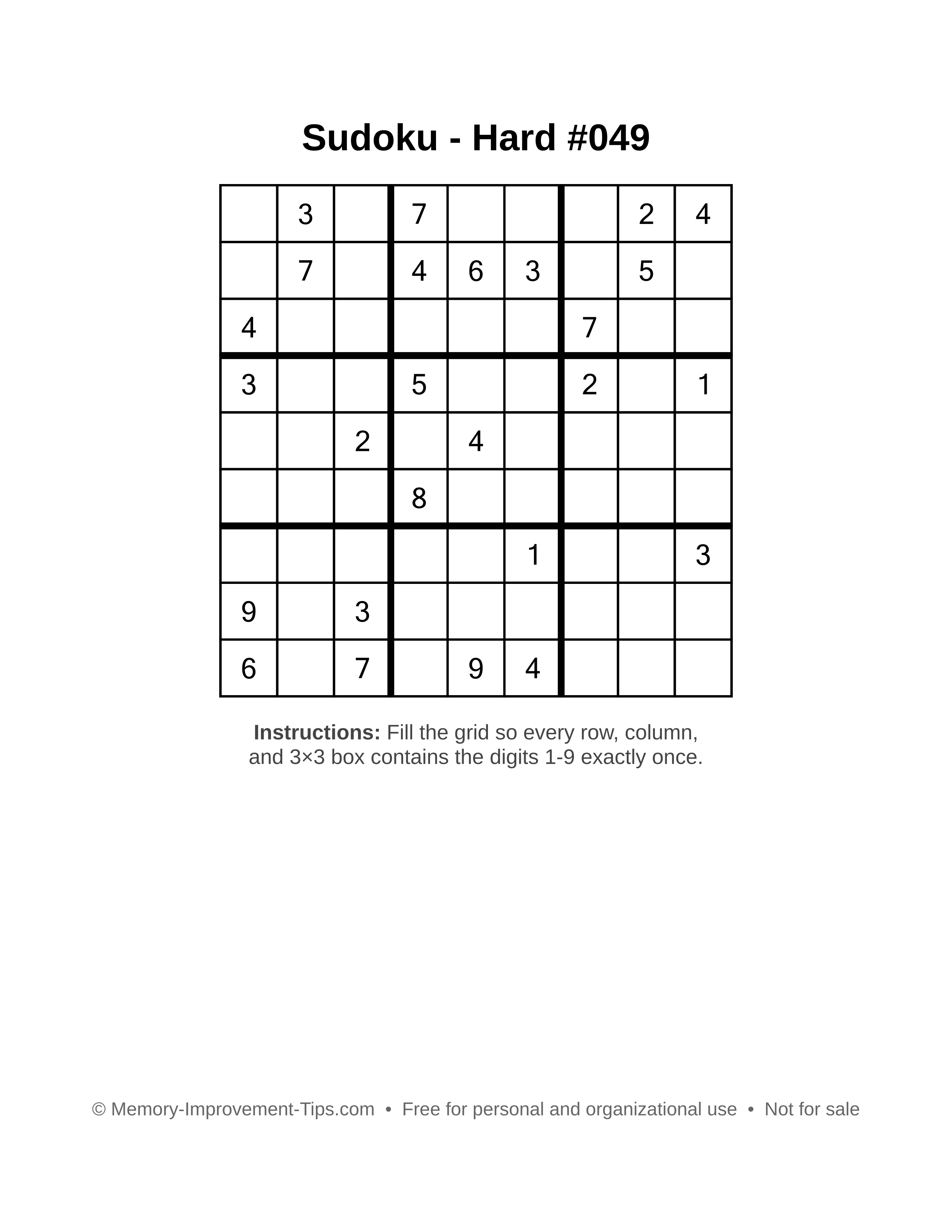 Free printable Sudoku puzzle Hard #049