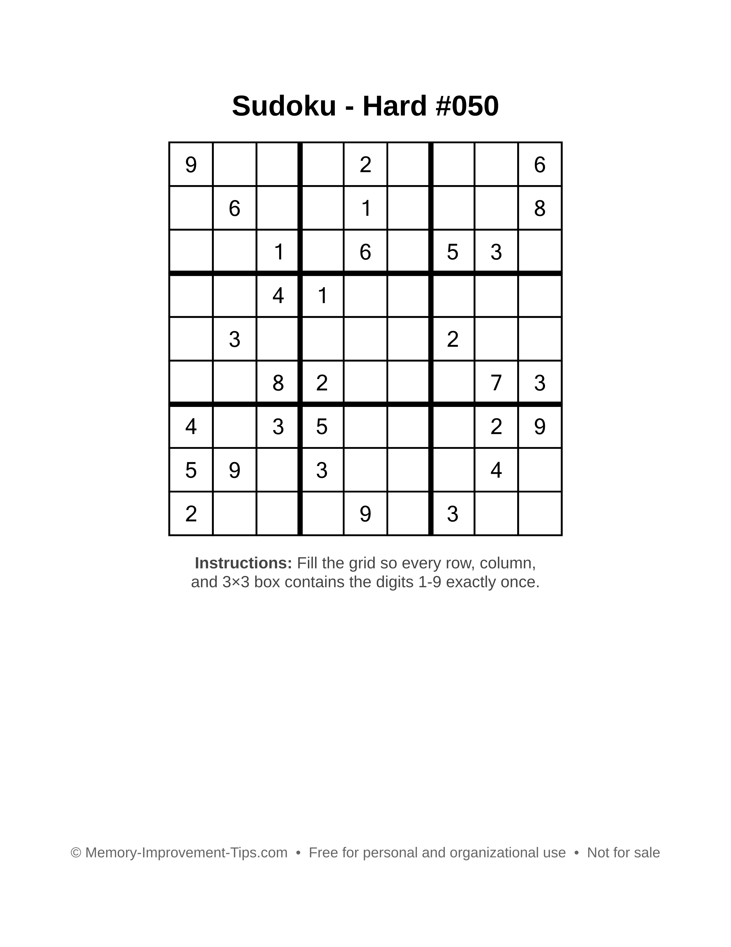 Free printable Sudoku puzzle Hard #050
