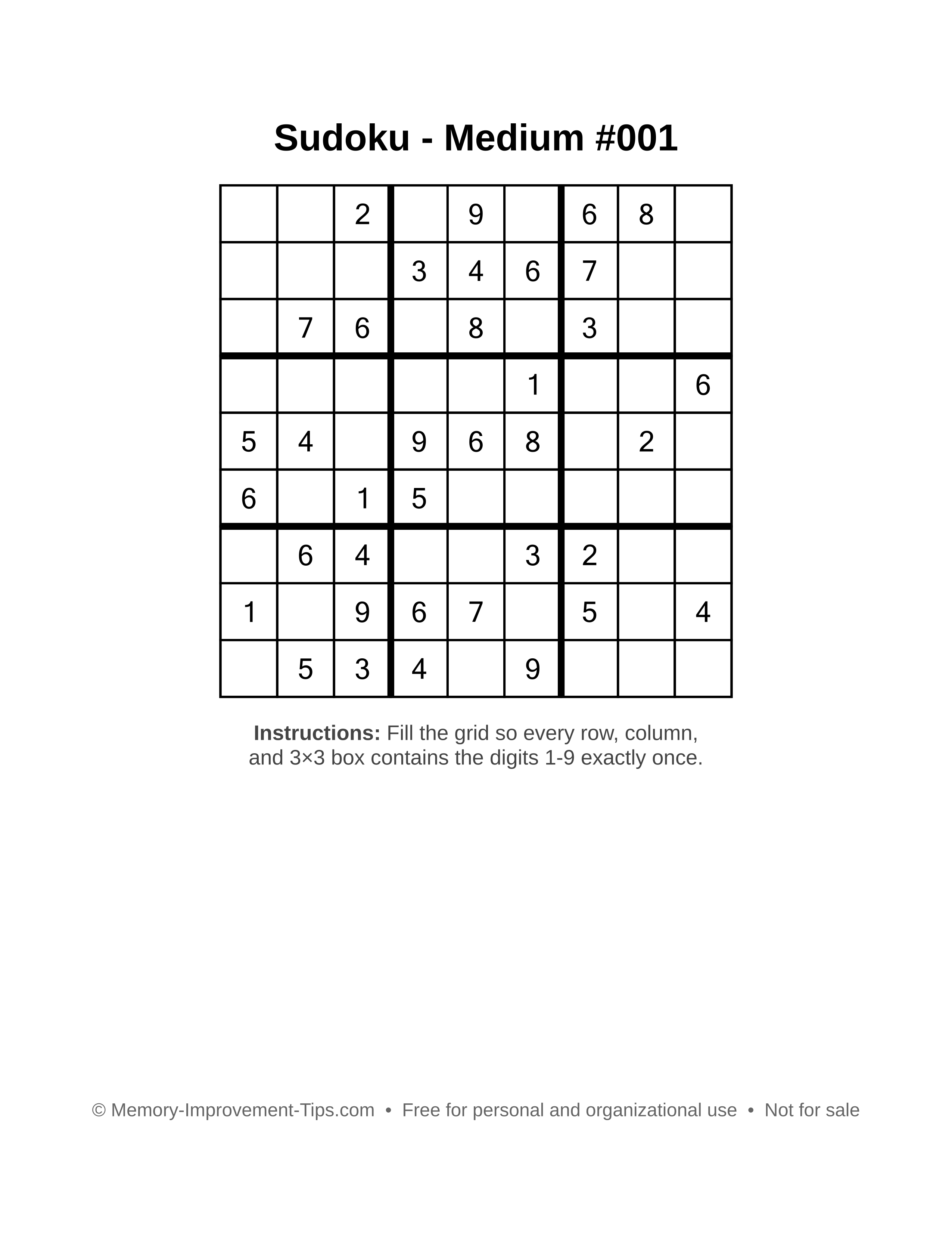 Free printable Sudoku puzzle Medium #001