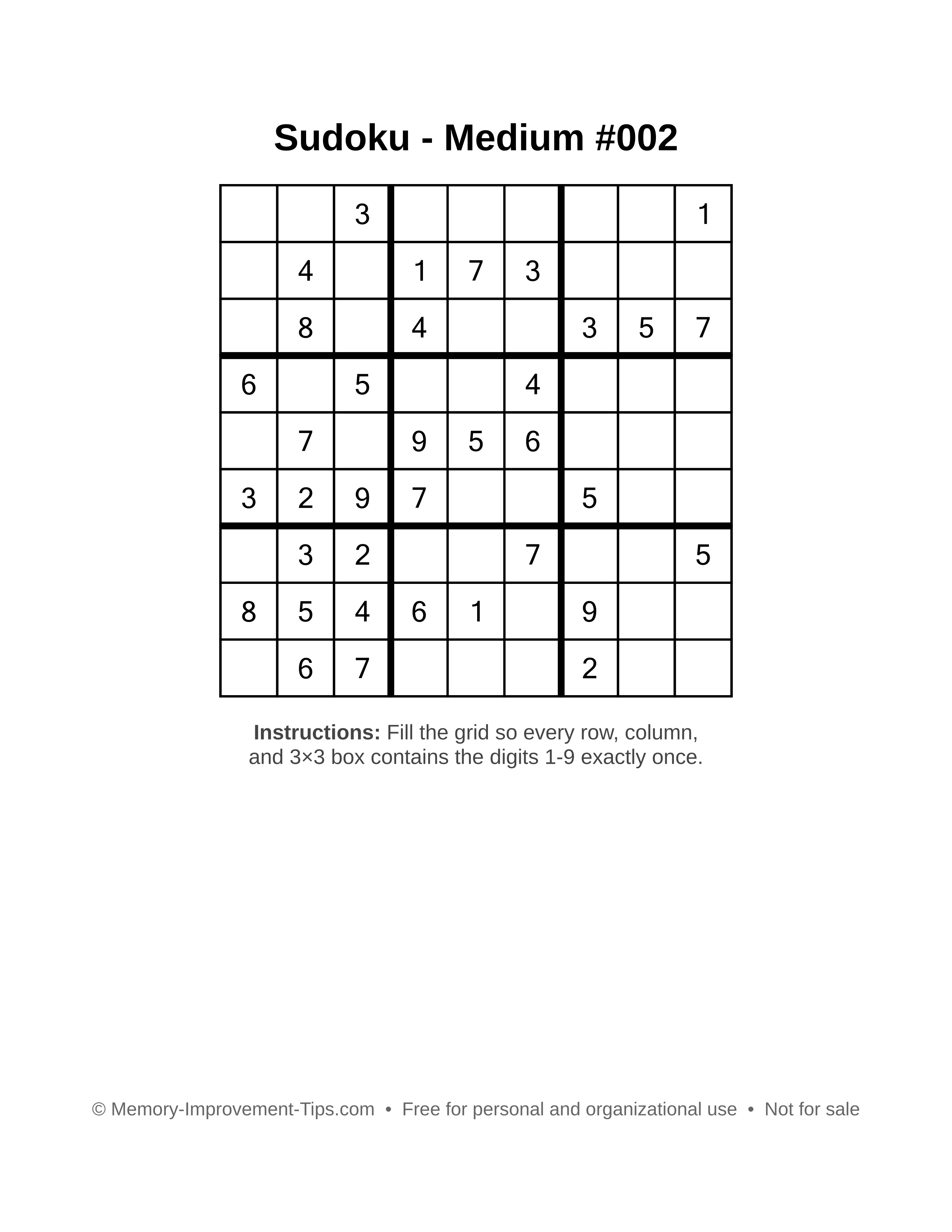Free printable Sudoku puzzle Medium #002