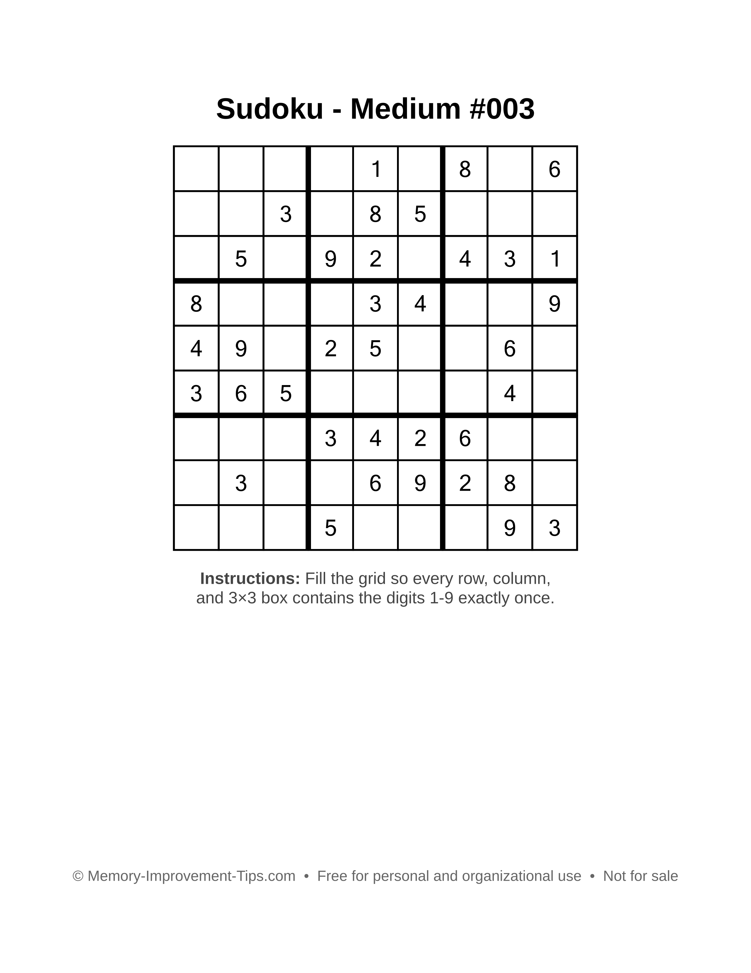 Free printable Sudoku puzzle Medium #003