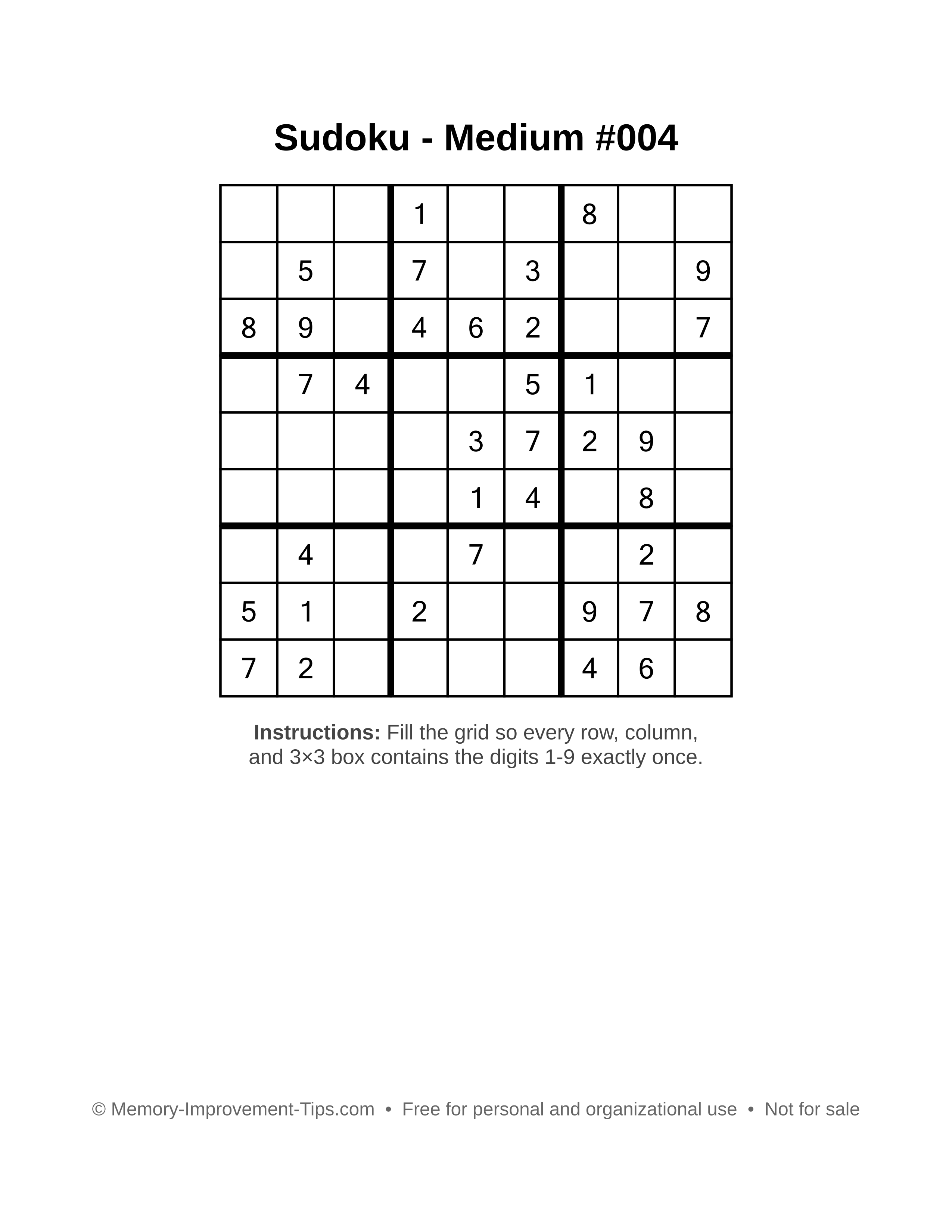 Free printable Sudoku puzzle Medium #004
