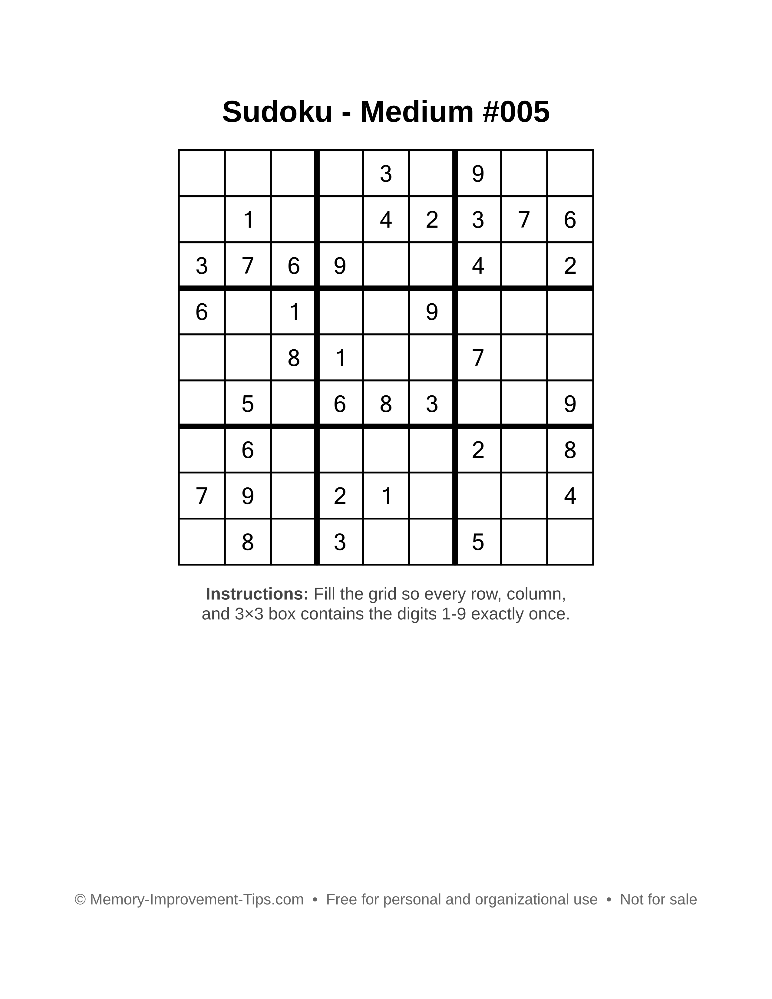 Free printable Sudoku puzzle Medium #005