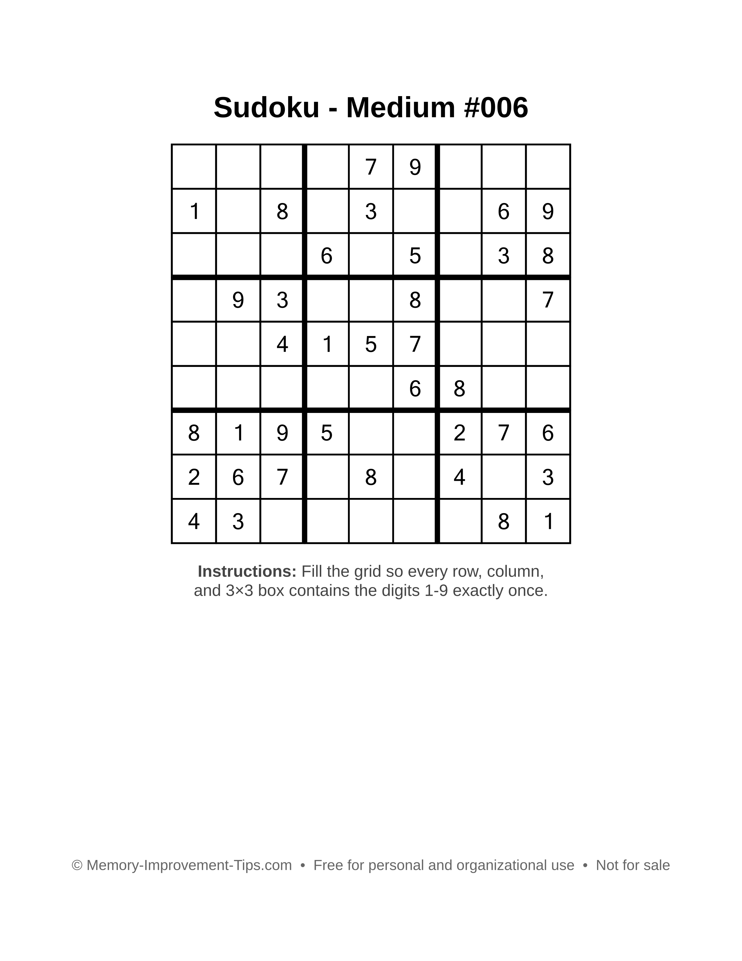 Free printable Sudoku puzzle Medium #006