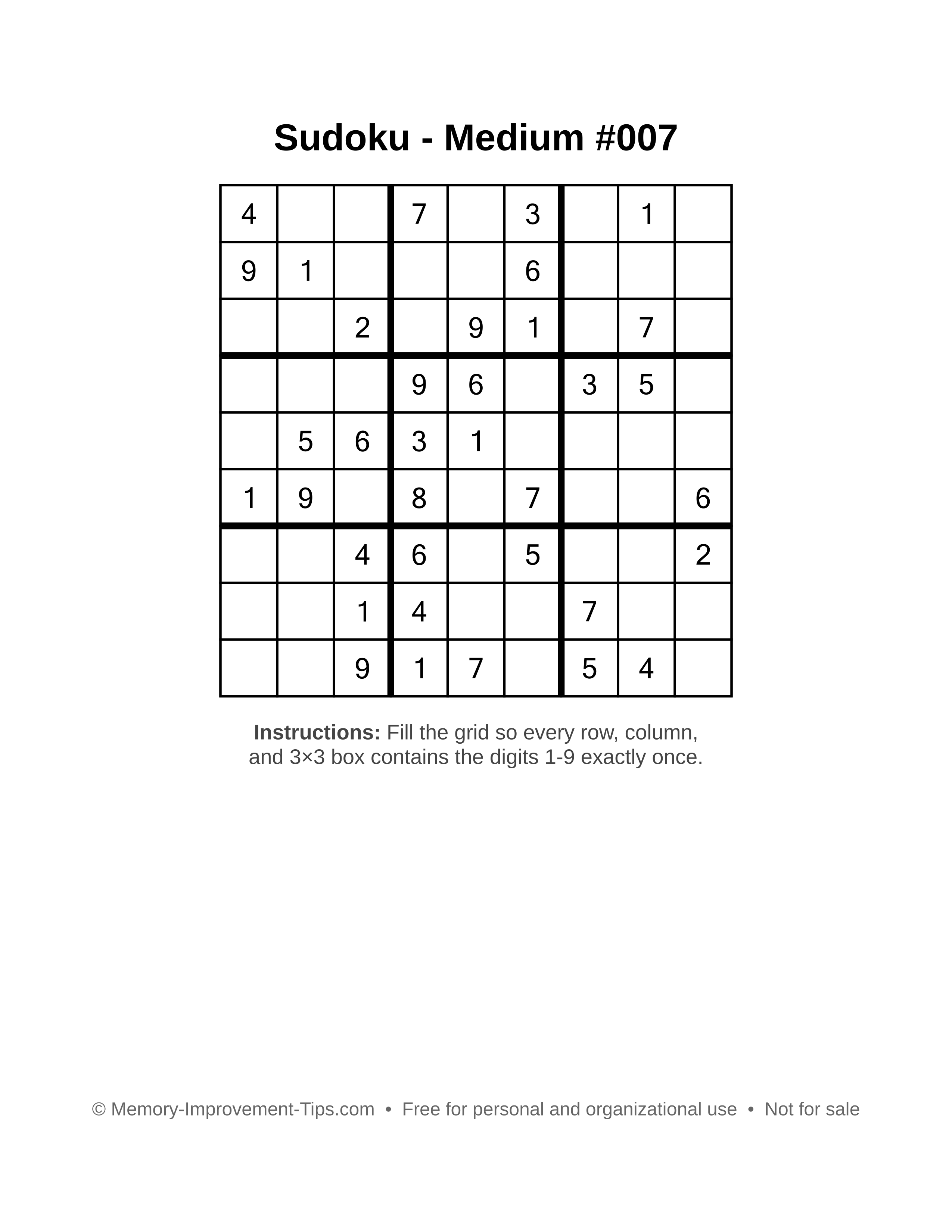 Free printable Sudoku puzzle Medium #007