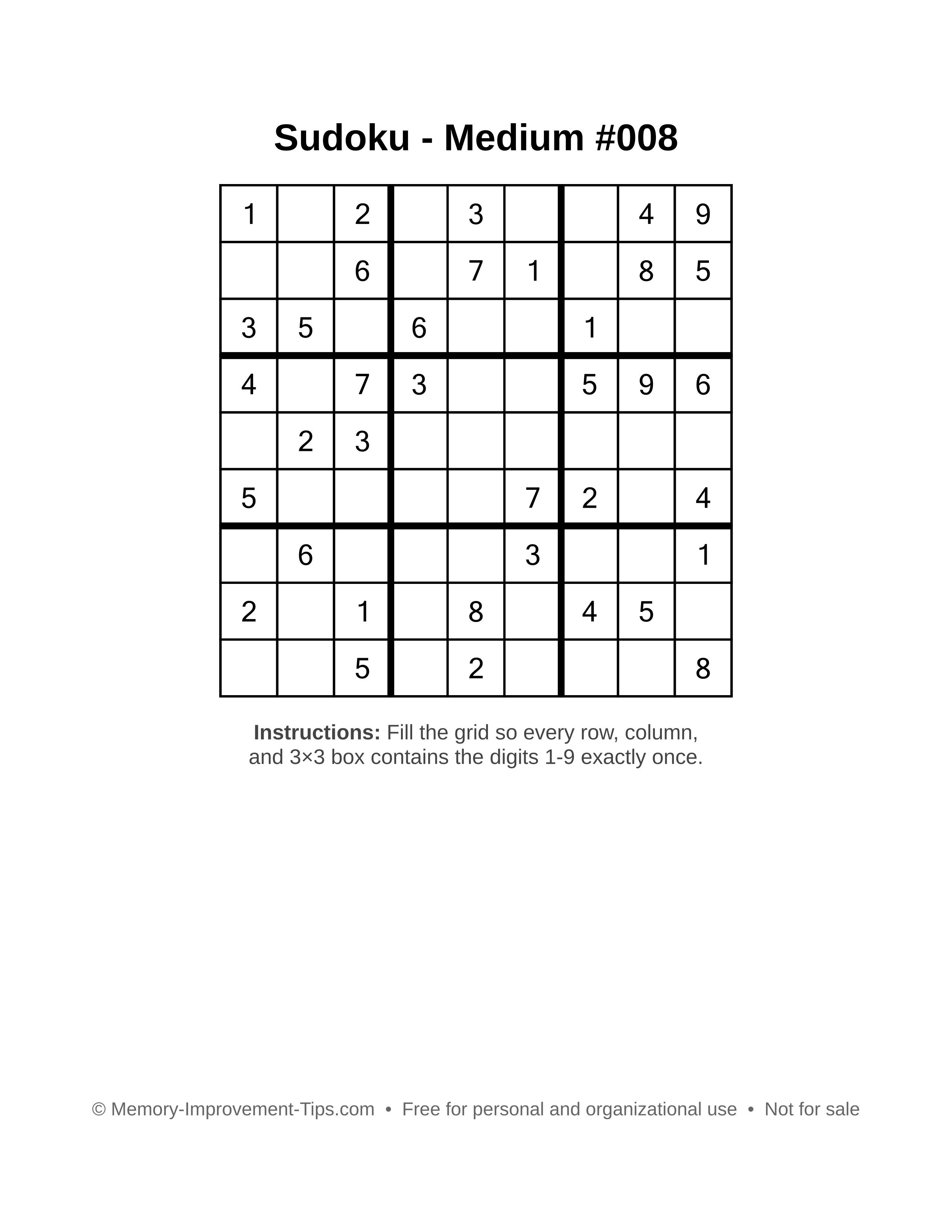 Free printable Sudoku puzzle Medium #008