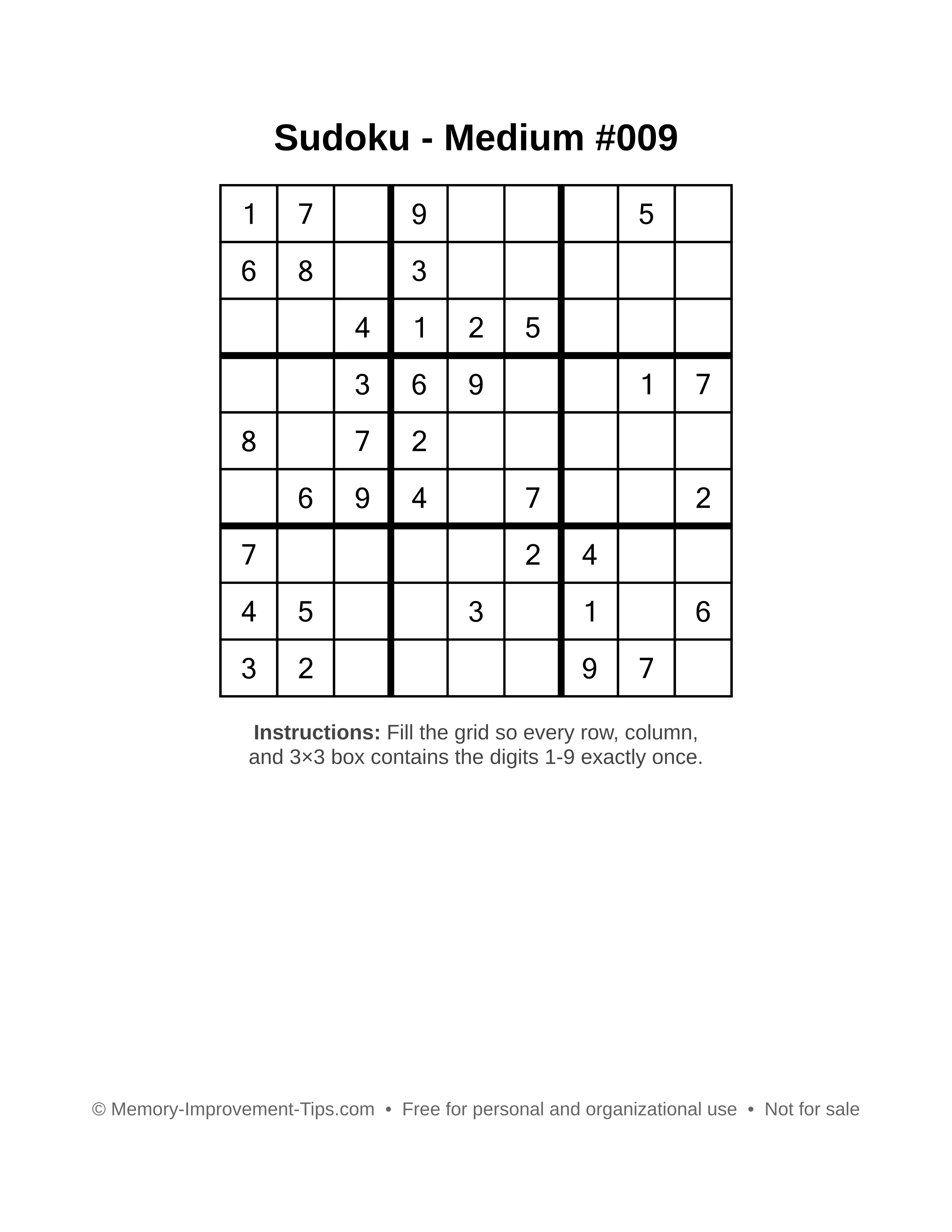 Free printable Sudoku puzzle Medium #009