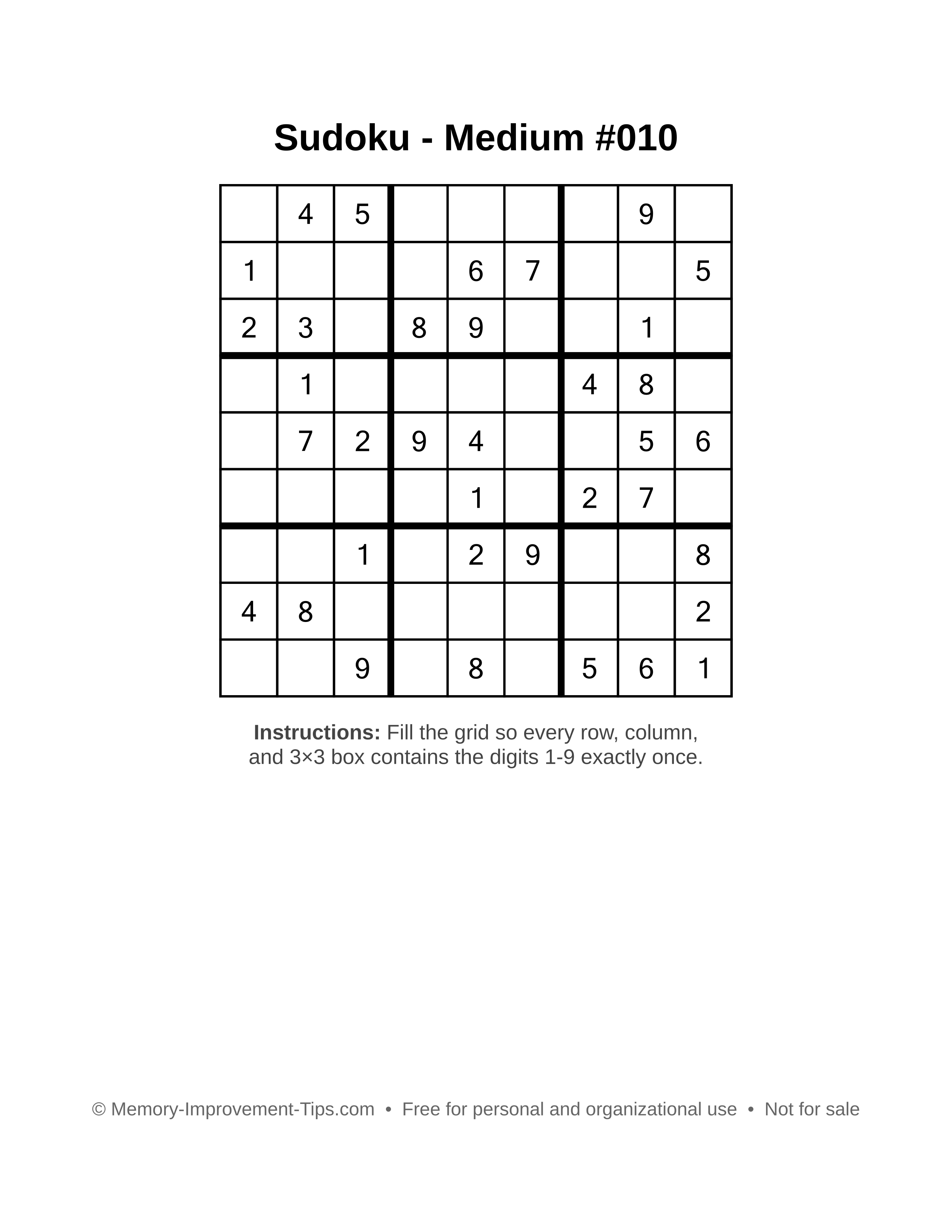 Free printable Sudoku puzzle Medium #010
