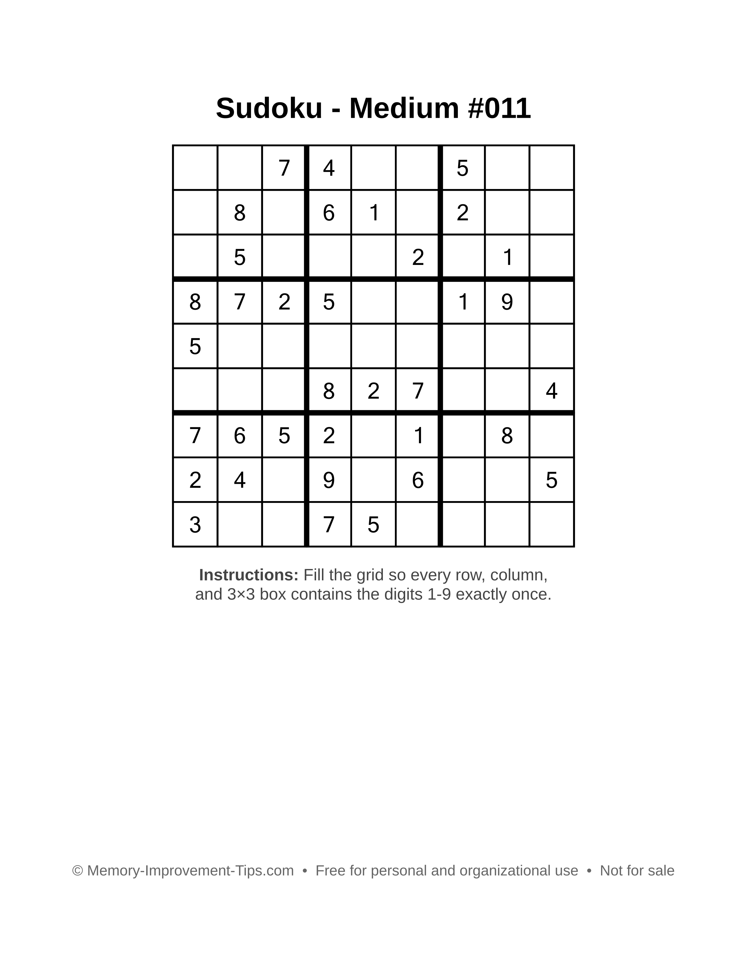 Free printable Sudoku puzzle Medium #011