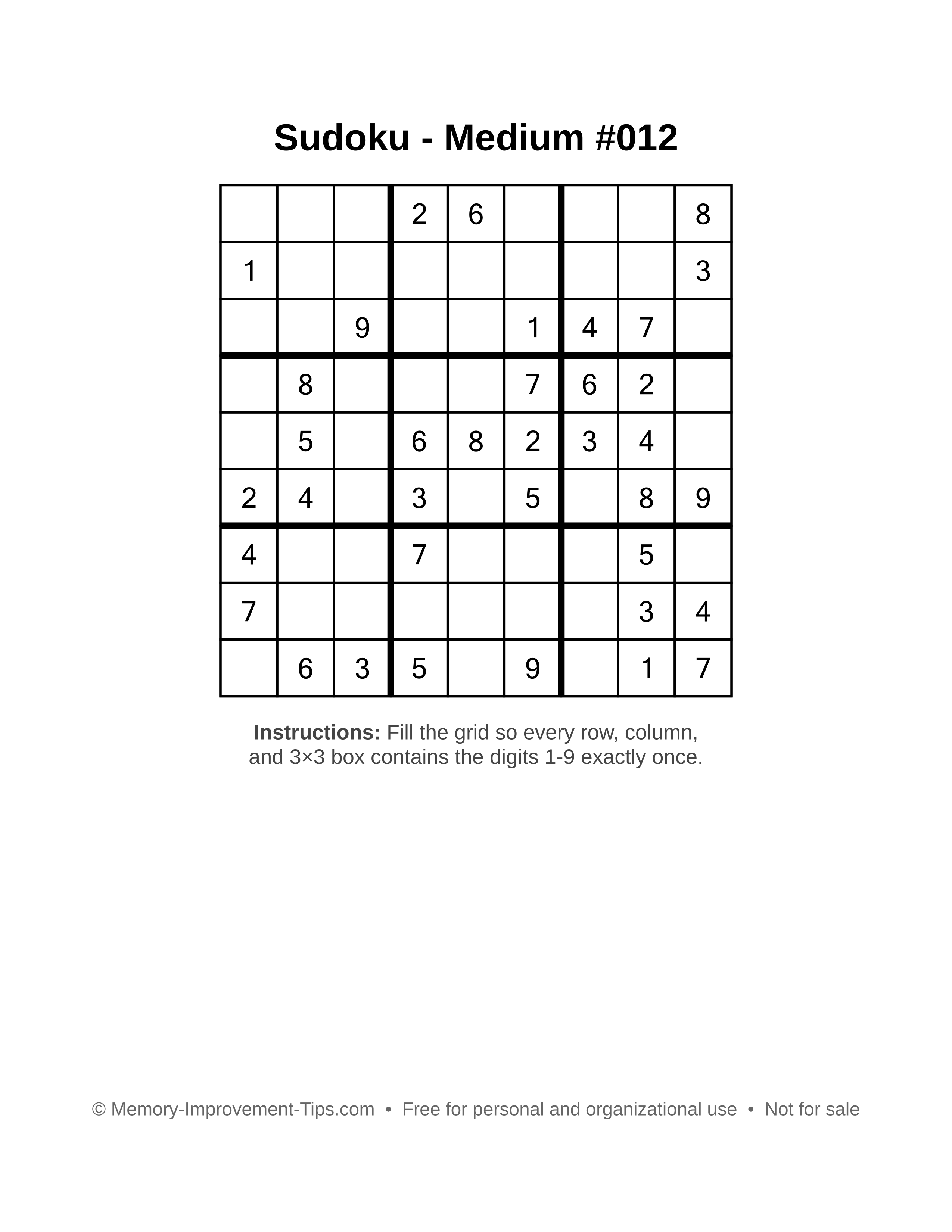 Free printable Sudoku puzzle Medium #012