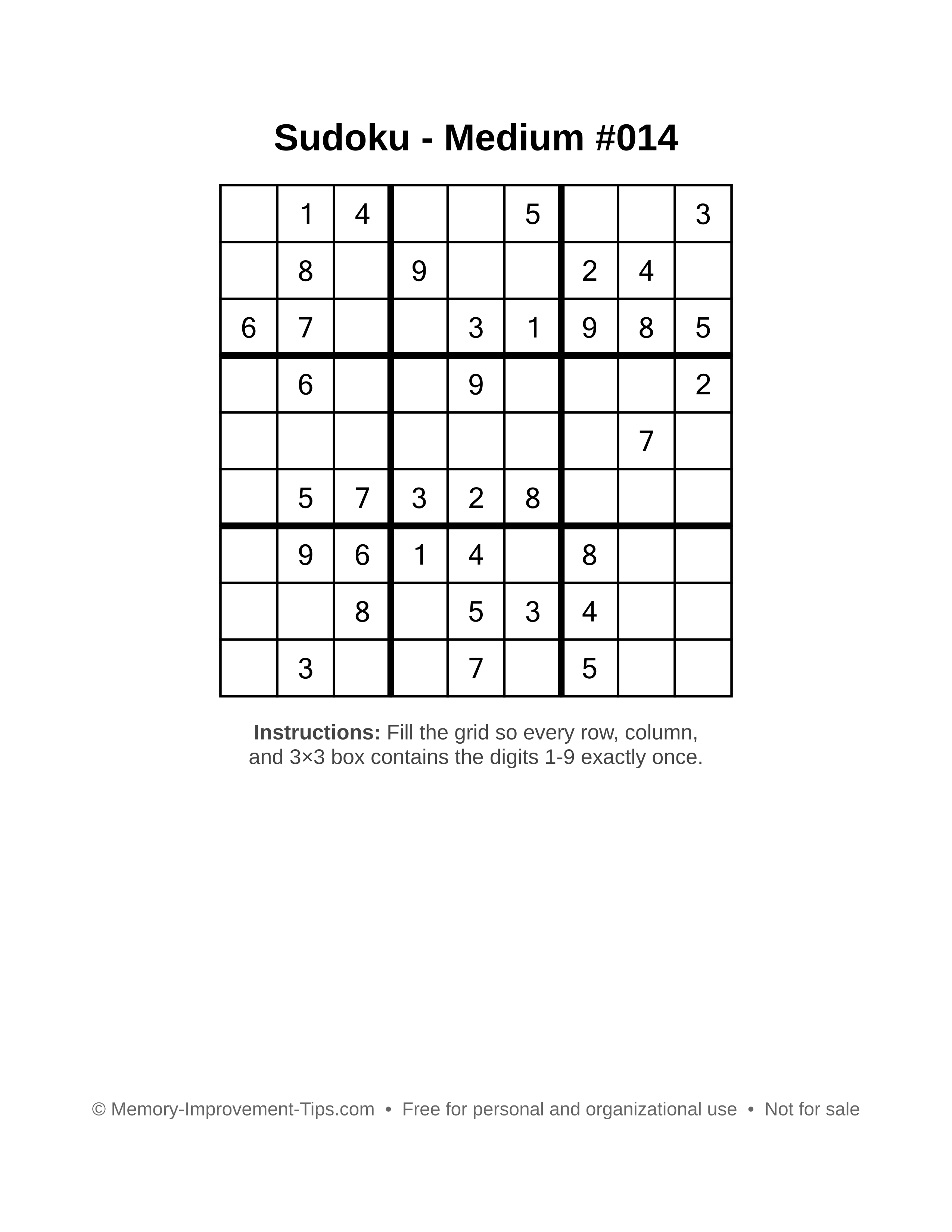 Free printable Sudoku puzzle Medium #014