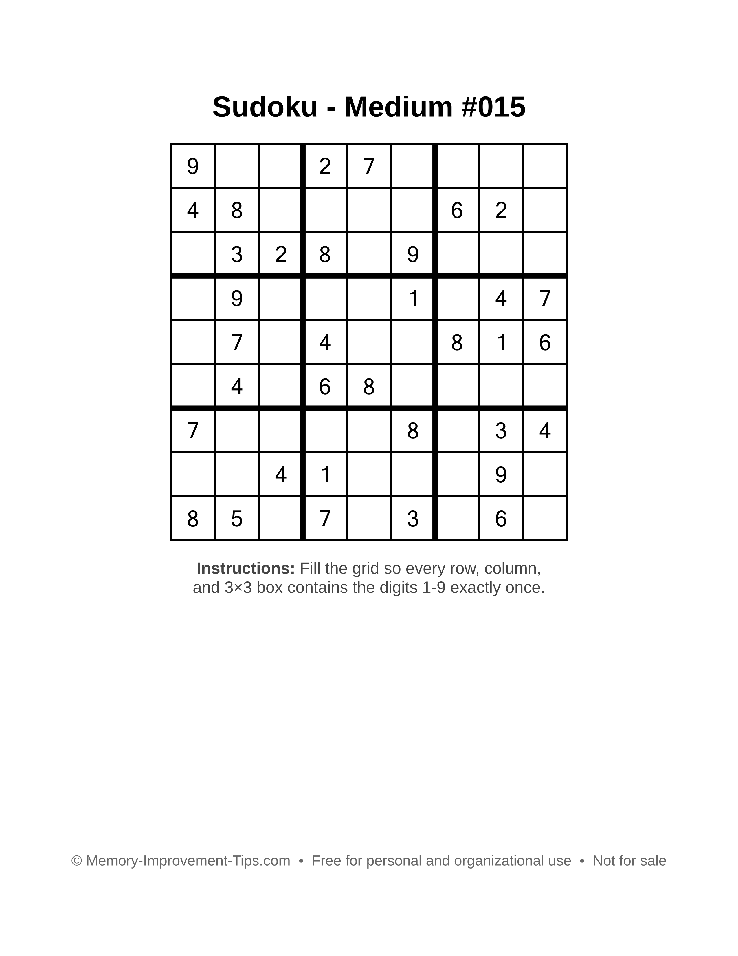 Free printable Sudoku puzzle Medium #015