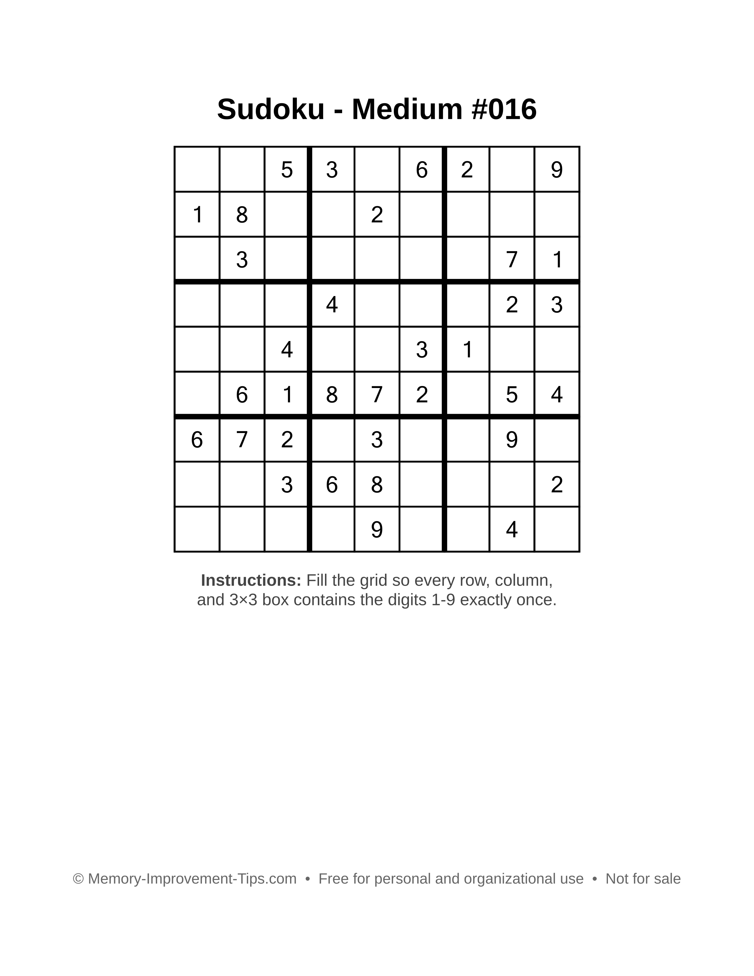 Free printable Sudoku puzzle Medium #016