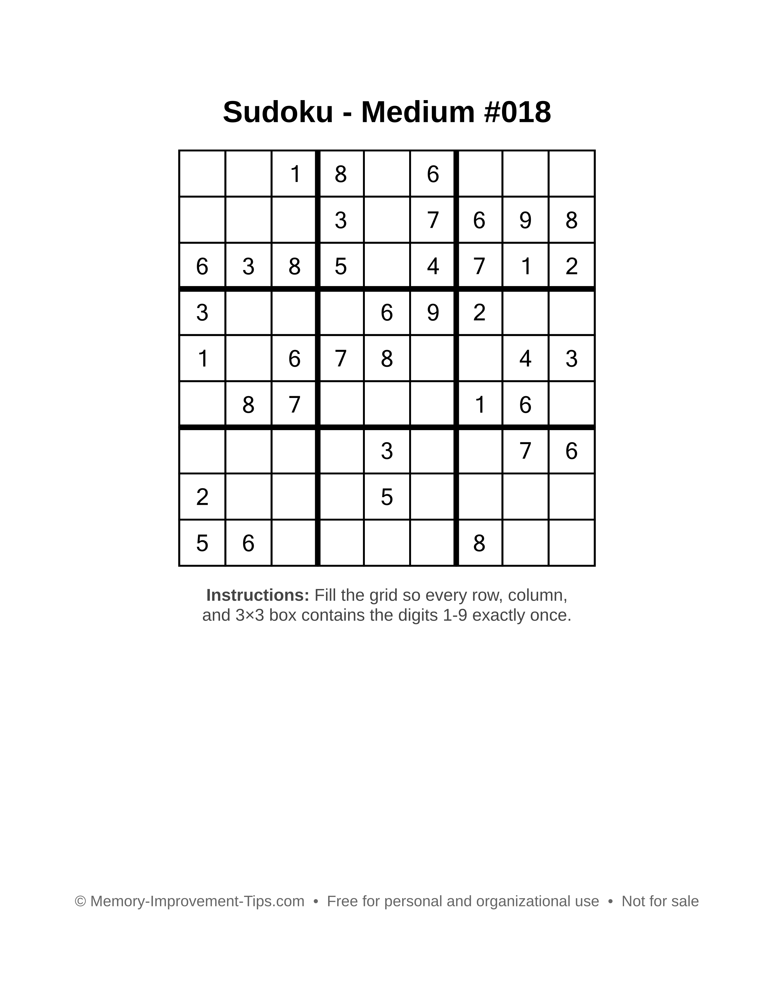 Free printable Sudoku puzzle Medium #018