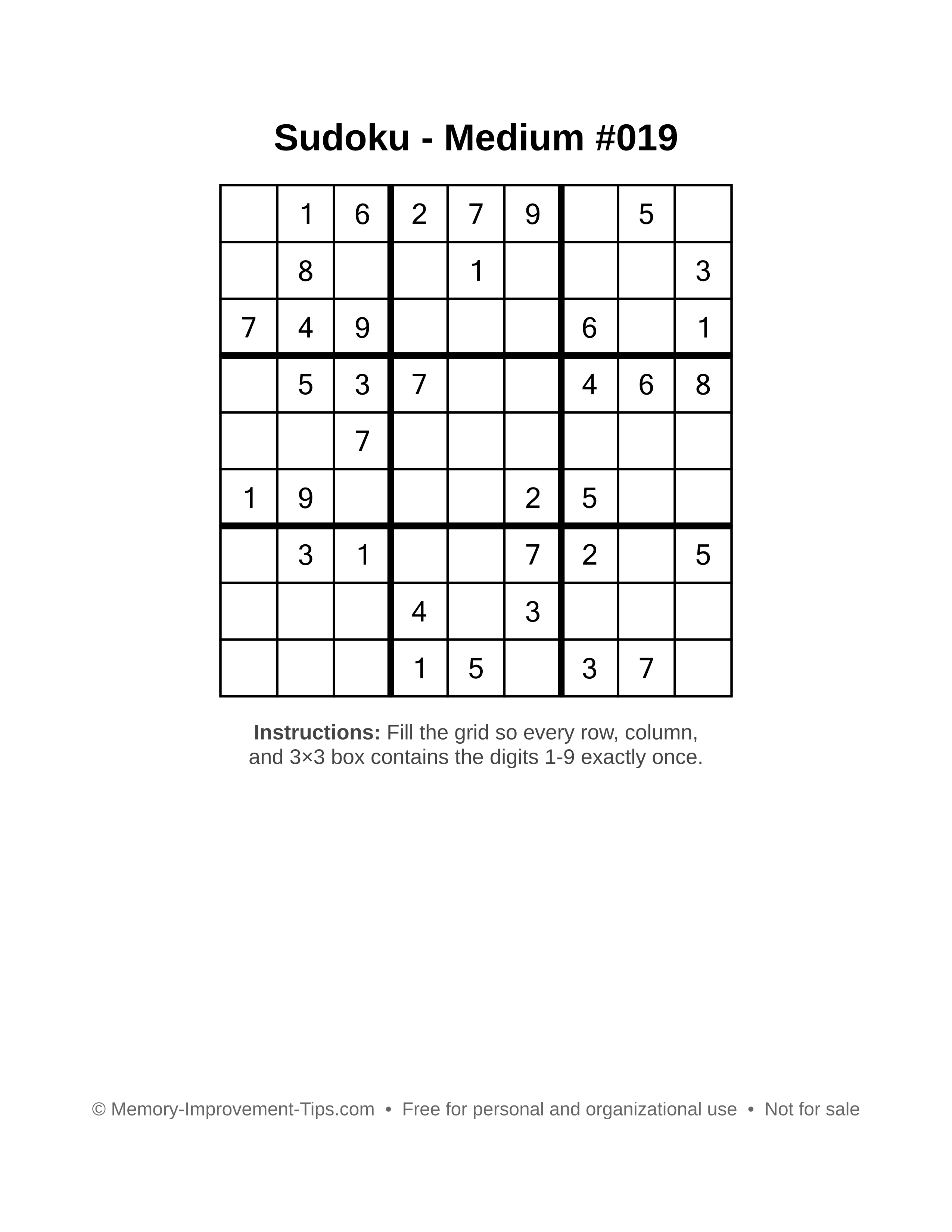 Free printable Sudoku puzzle Medium #019