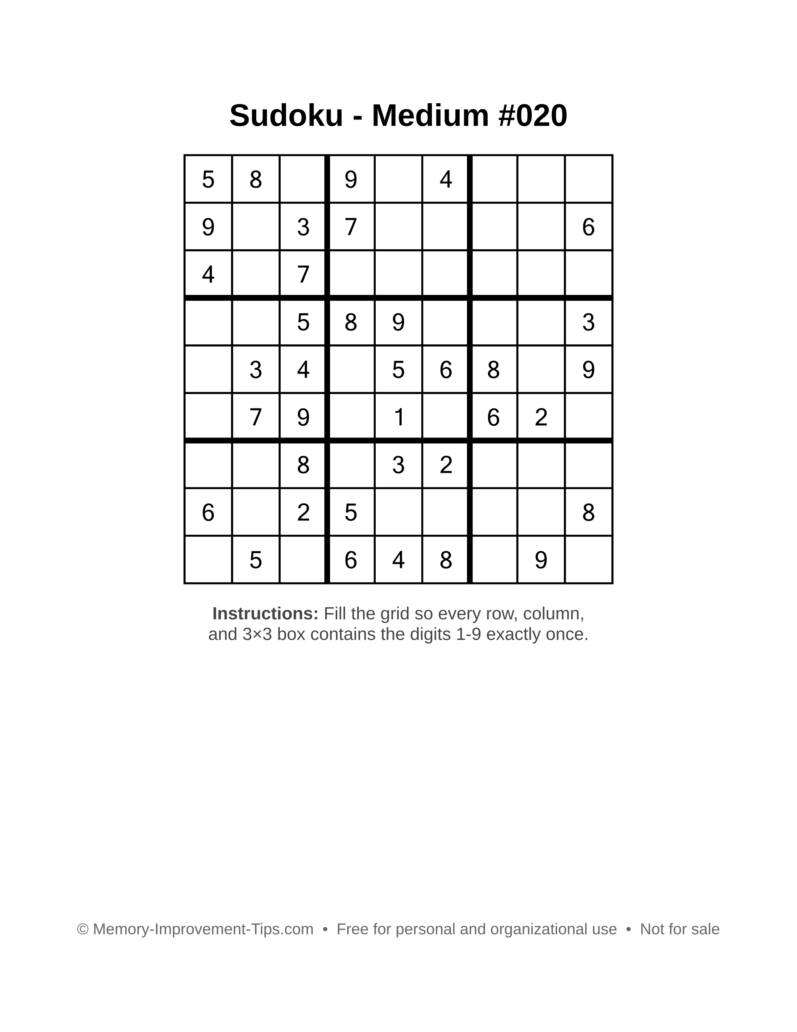 Free printable Sudoku puzzle Medium #020