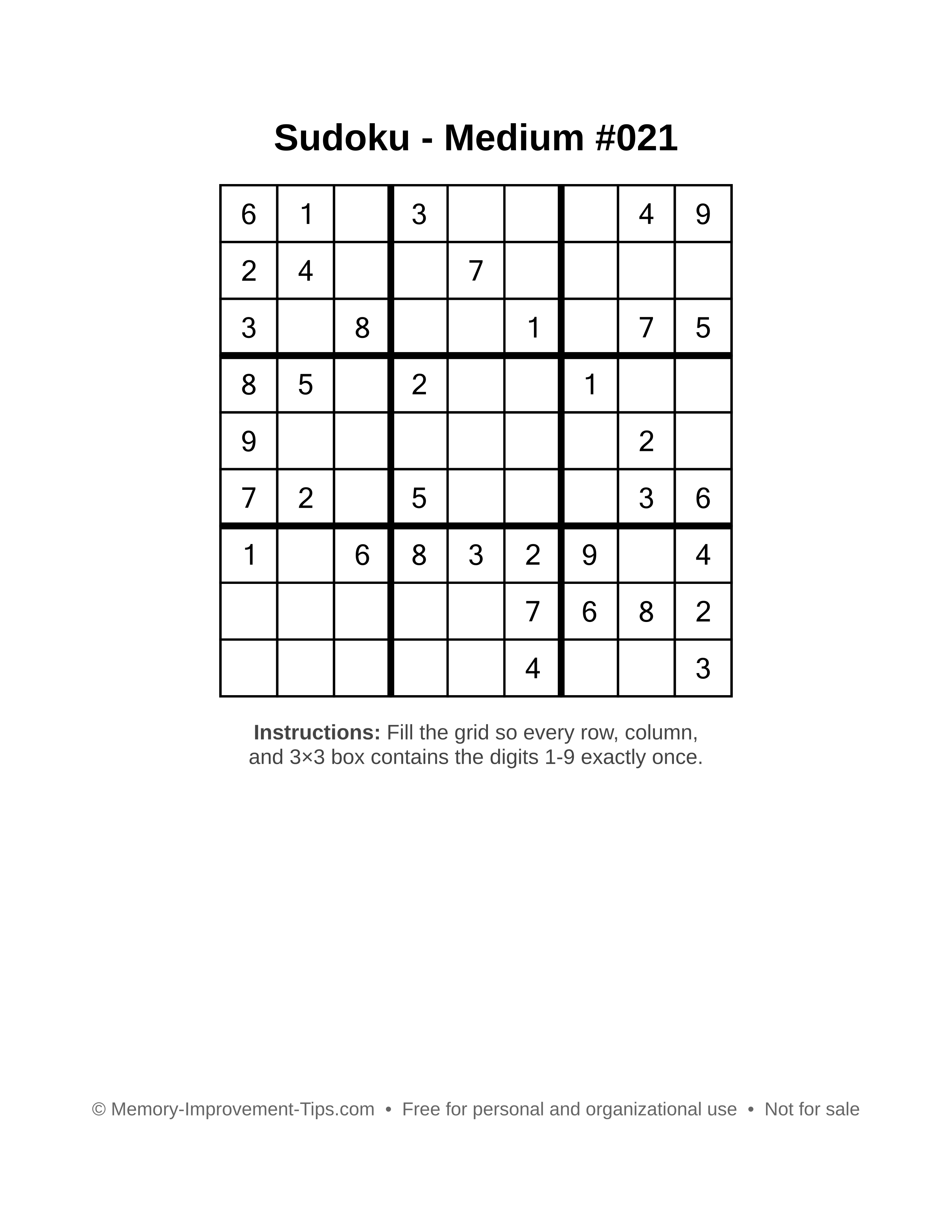 Free printable Sudoku puzzle Medium #021