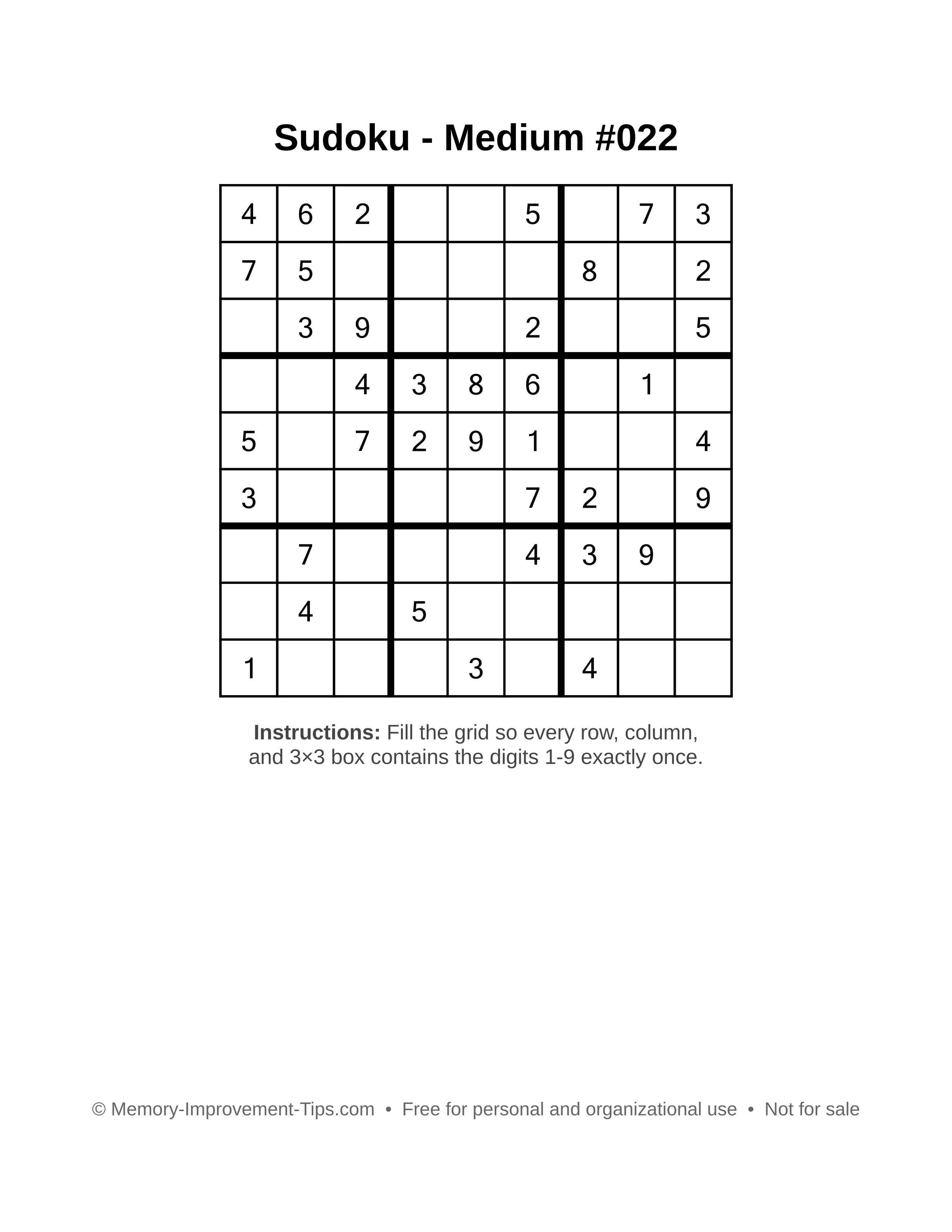 Free printable Sudoku puzzle Medium #022