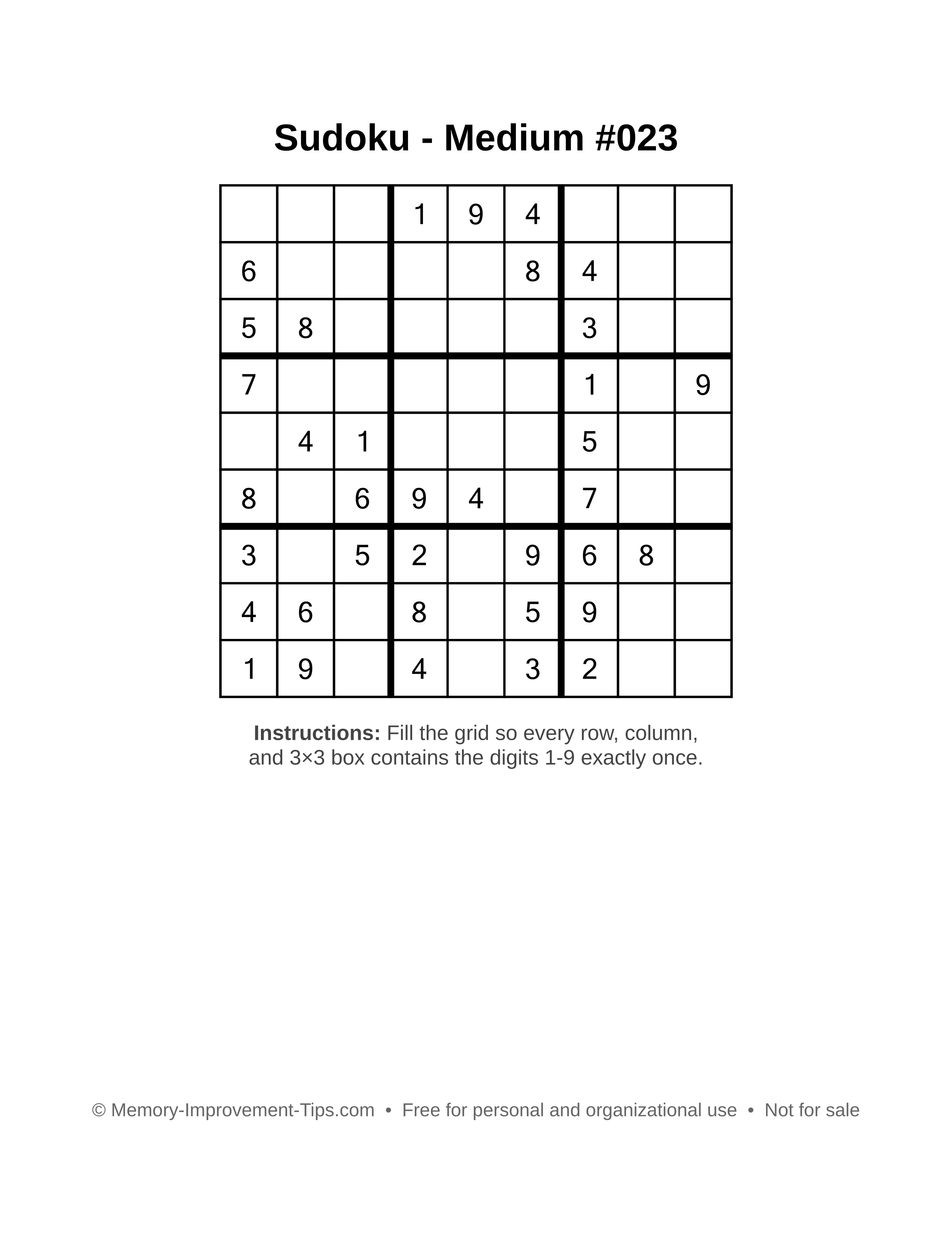 Free printable Sudoku puzzle Medium #023