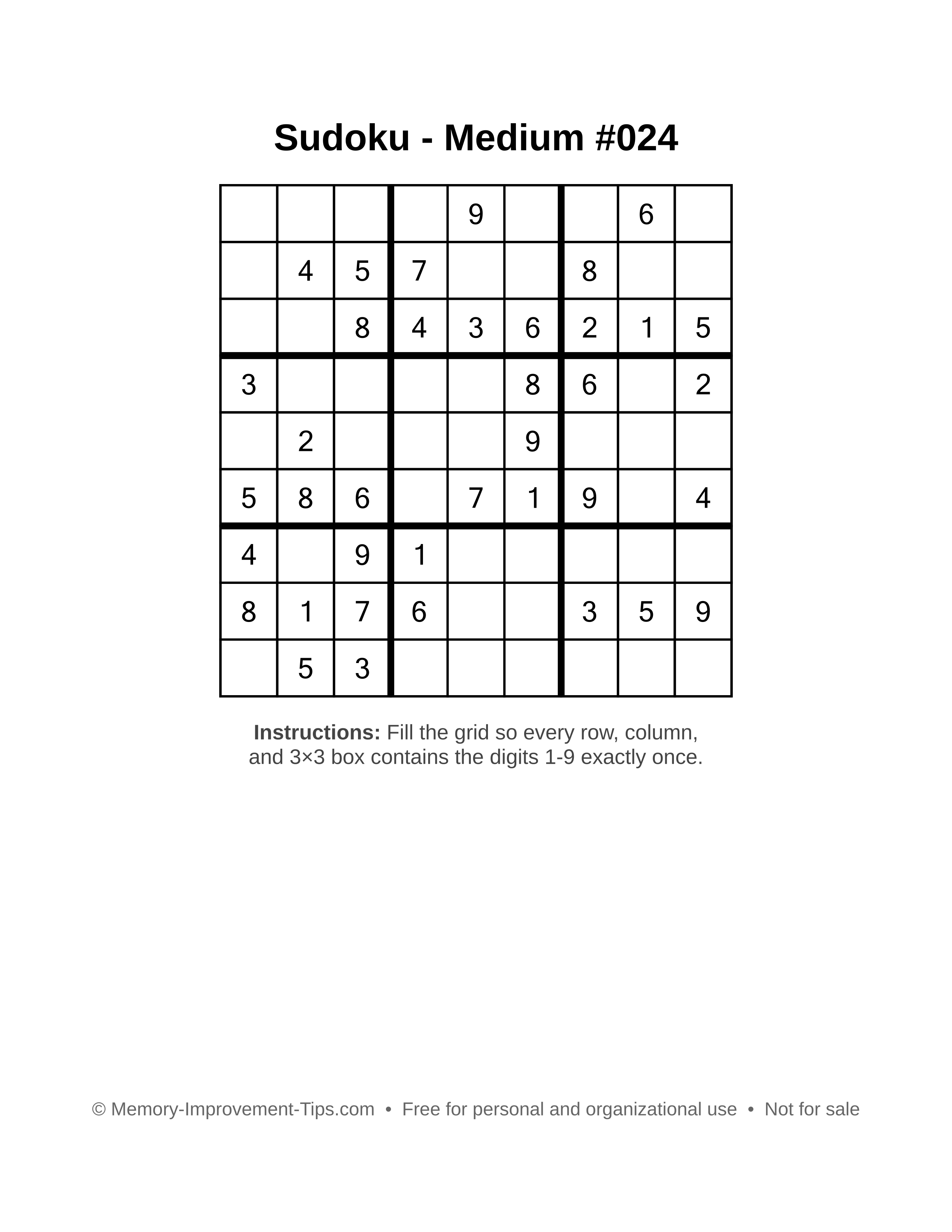 Free printable Sudoku puzzle Medium #024