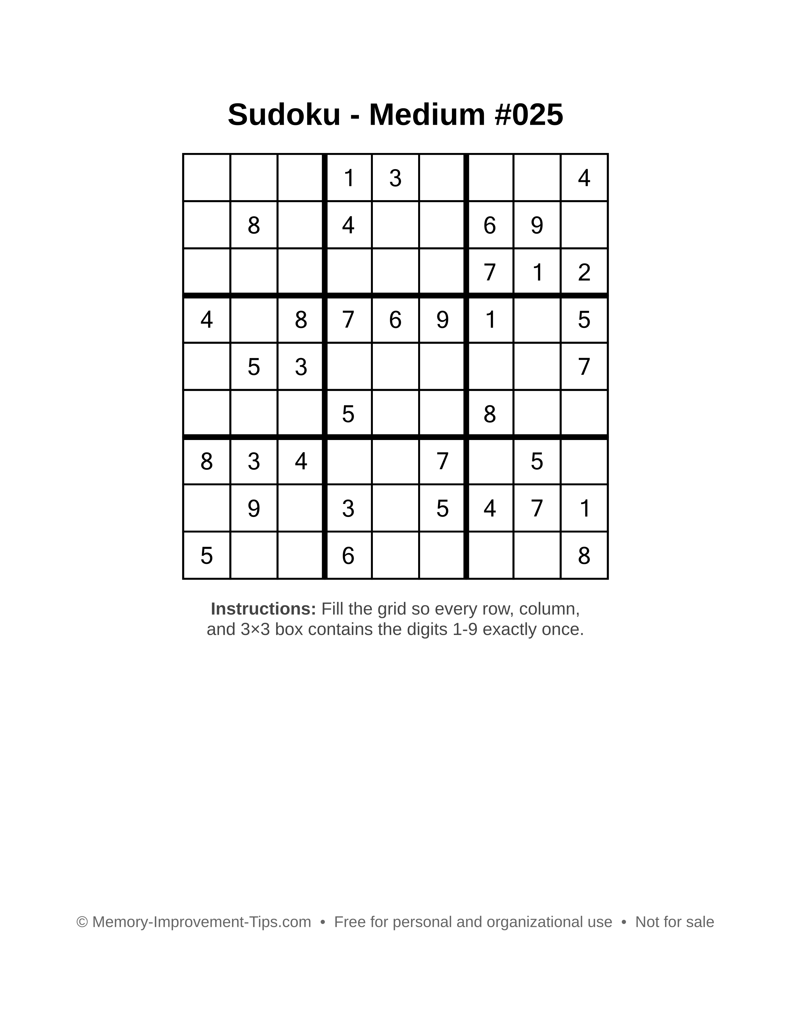 Free printable Sudoku puzzle Medium #025