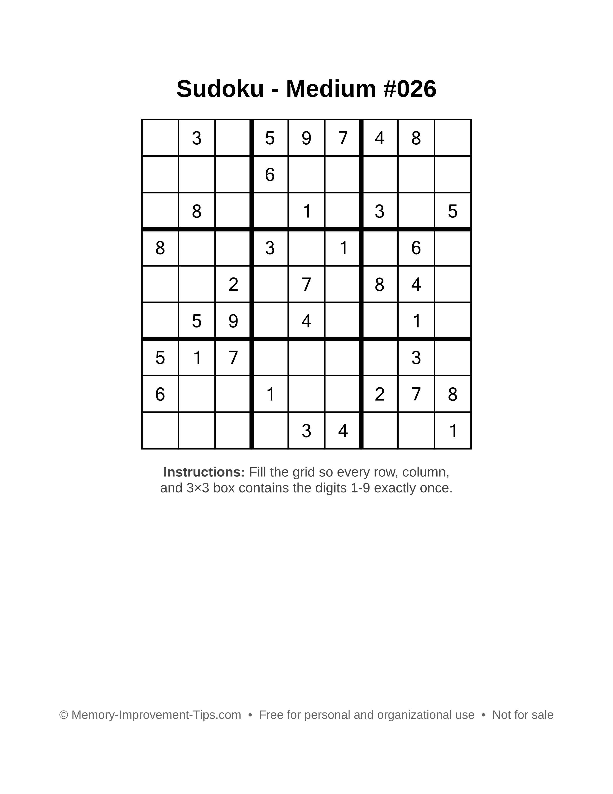 Free printable Sudoku puzzle Medium #026