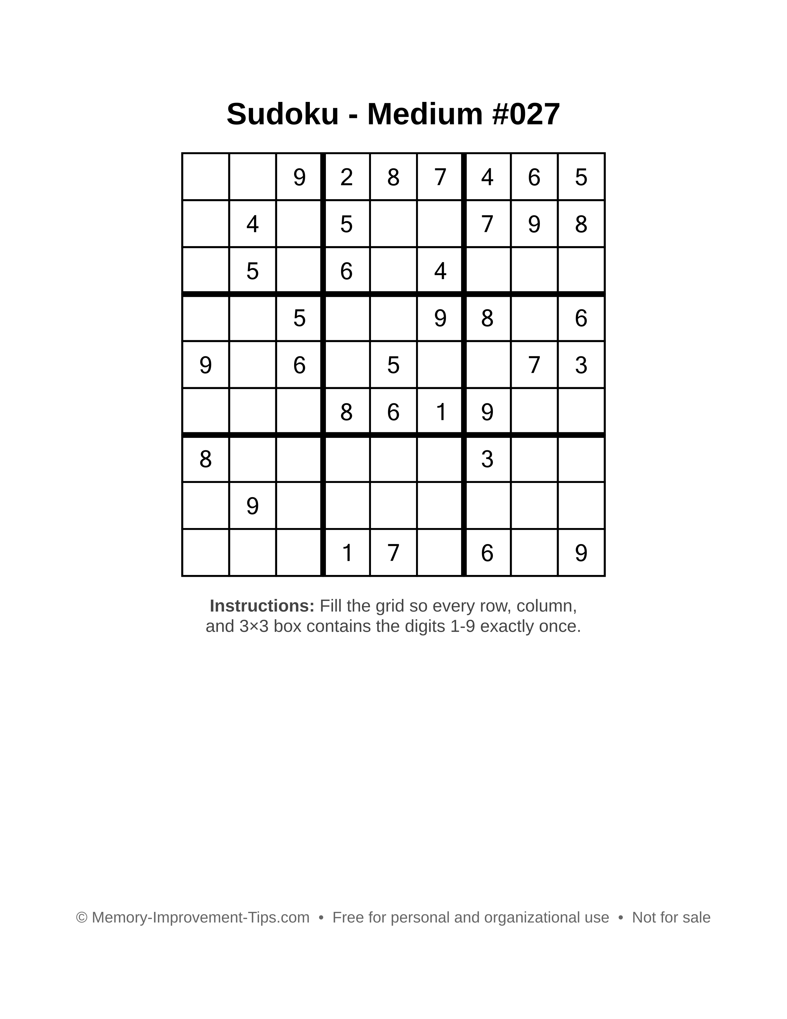 Free printable Sudoku puzzle Medium #027