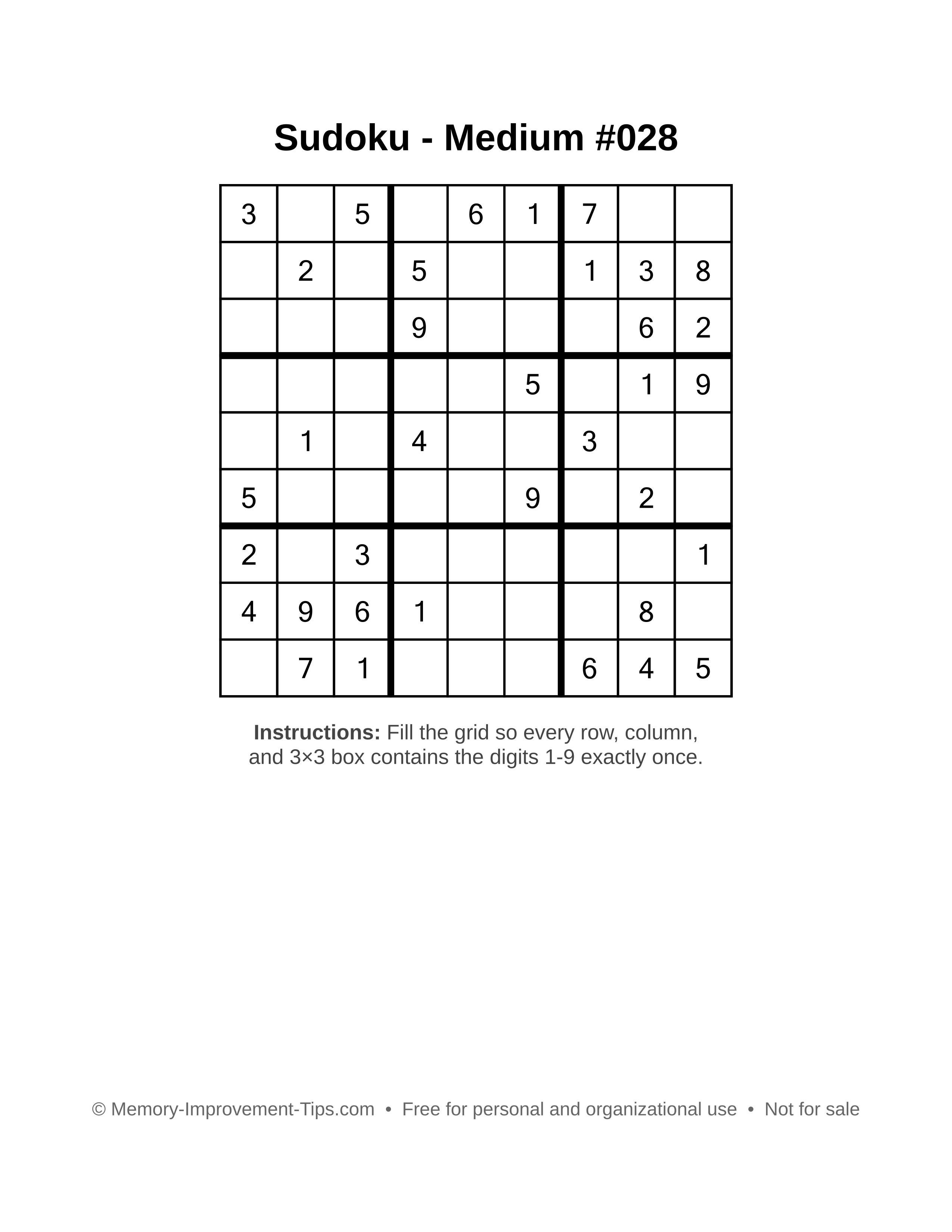 Free printable Sudoku puzzle Medium #028