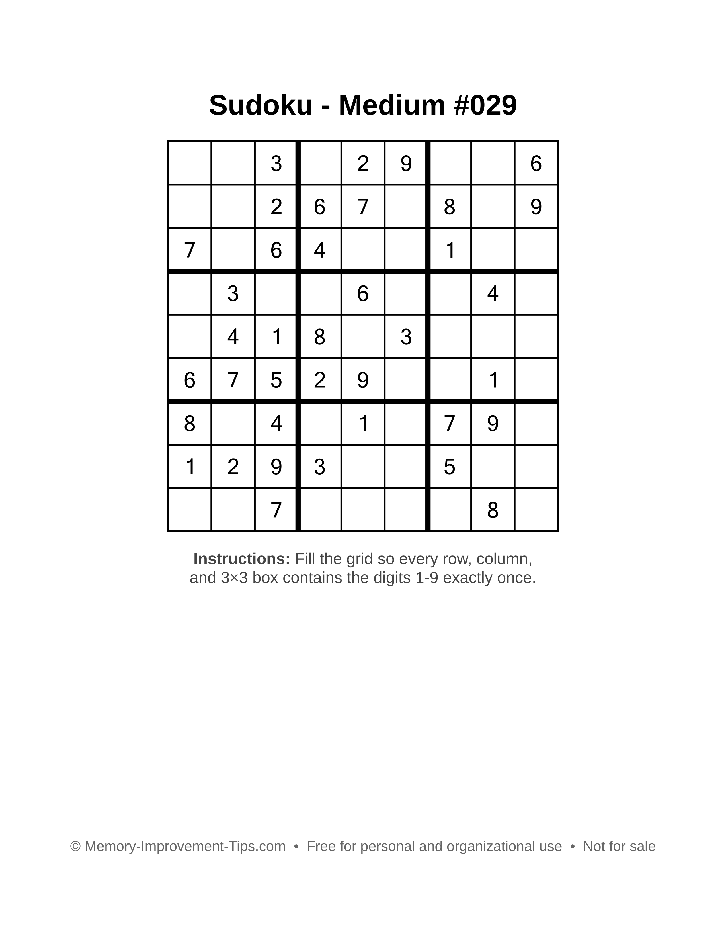 Free printable Sudoku puzzle Medium #029