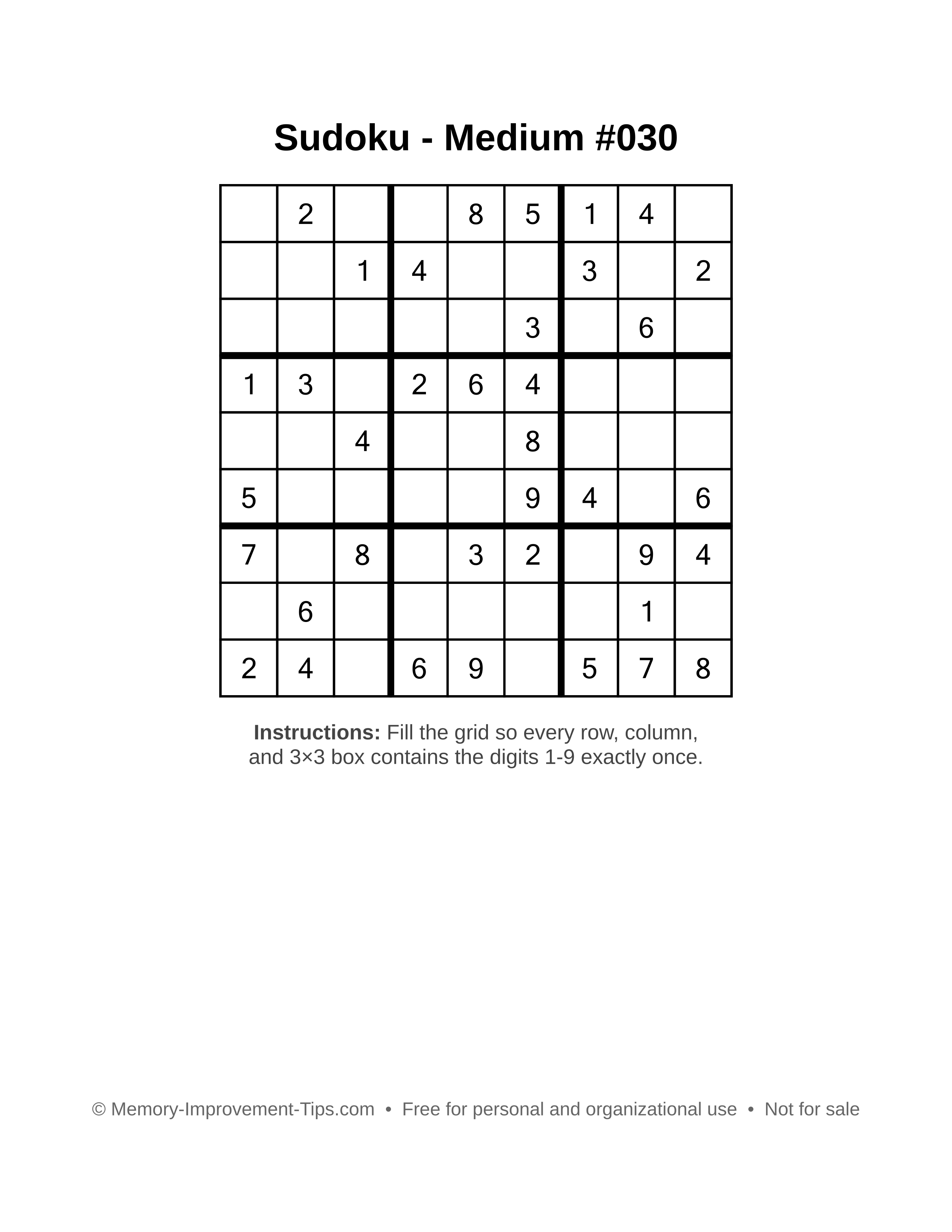 Free printable Sudoku puzzle Medium #030