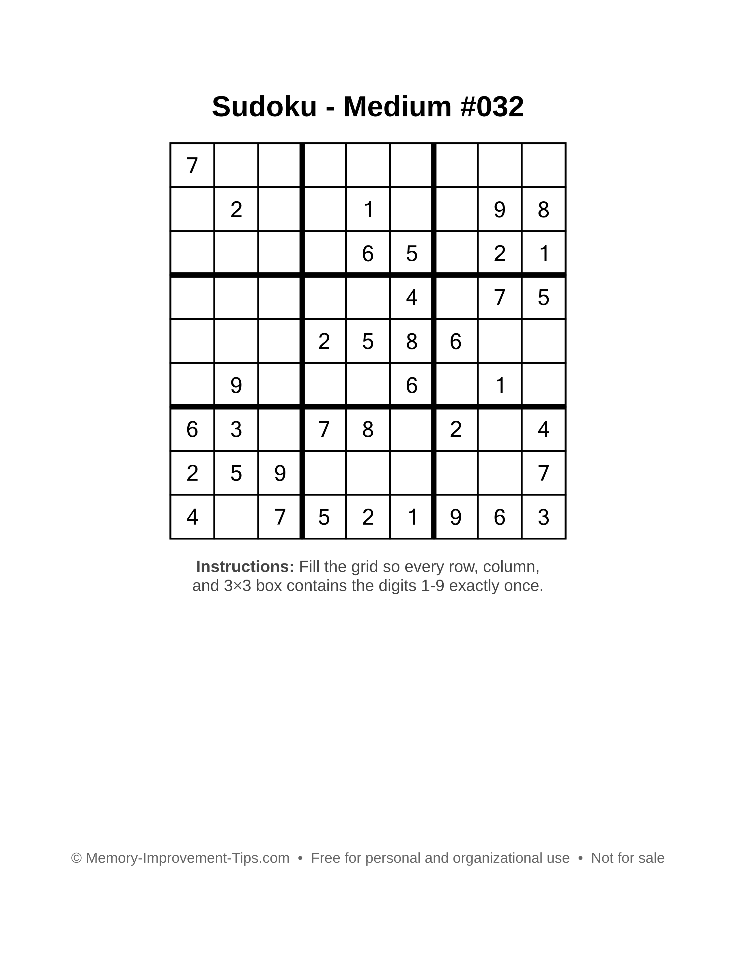 Free printable Sudoku puzzle Medium #032