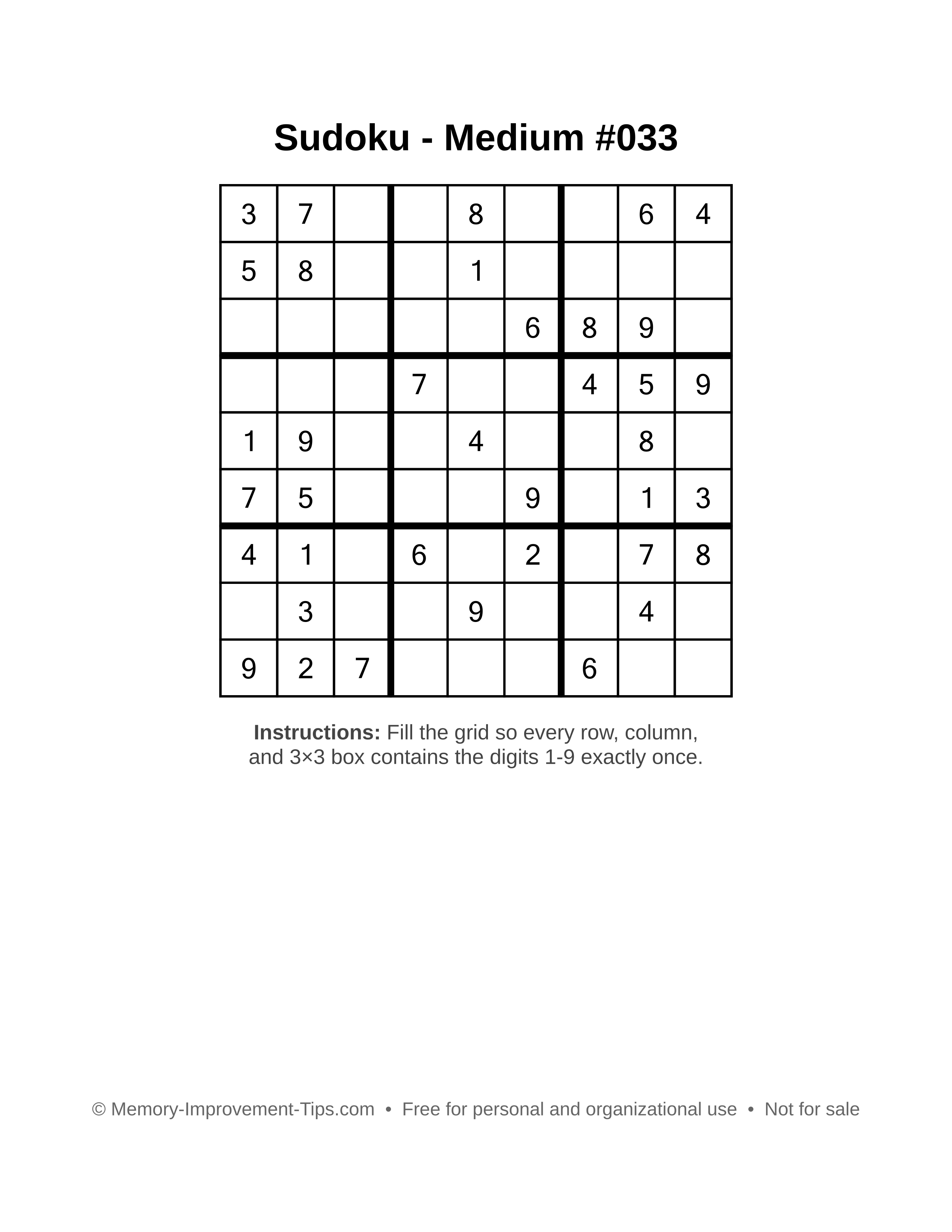 Free printable Sudoku puzzle Medium #033