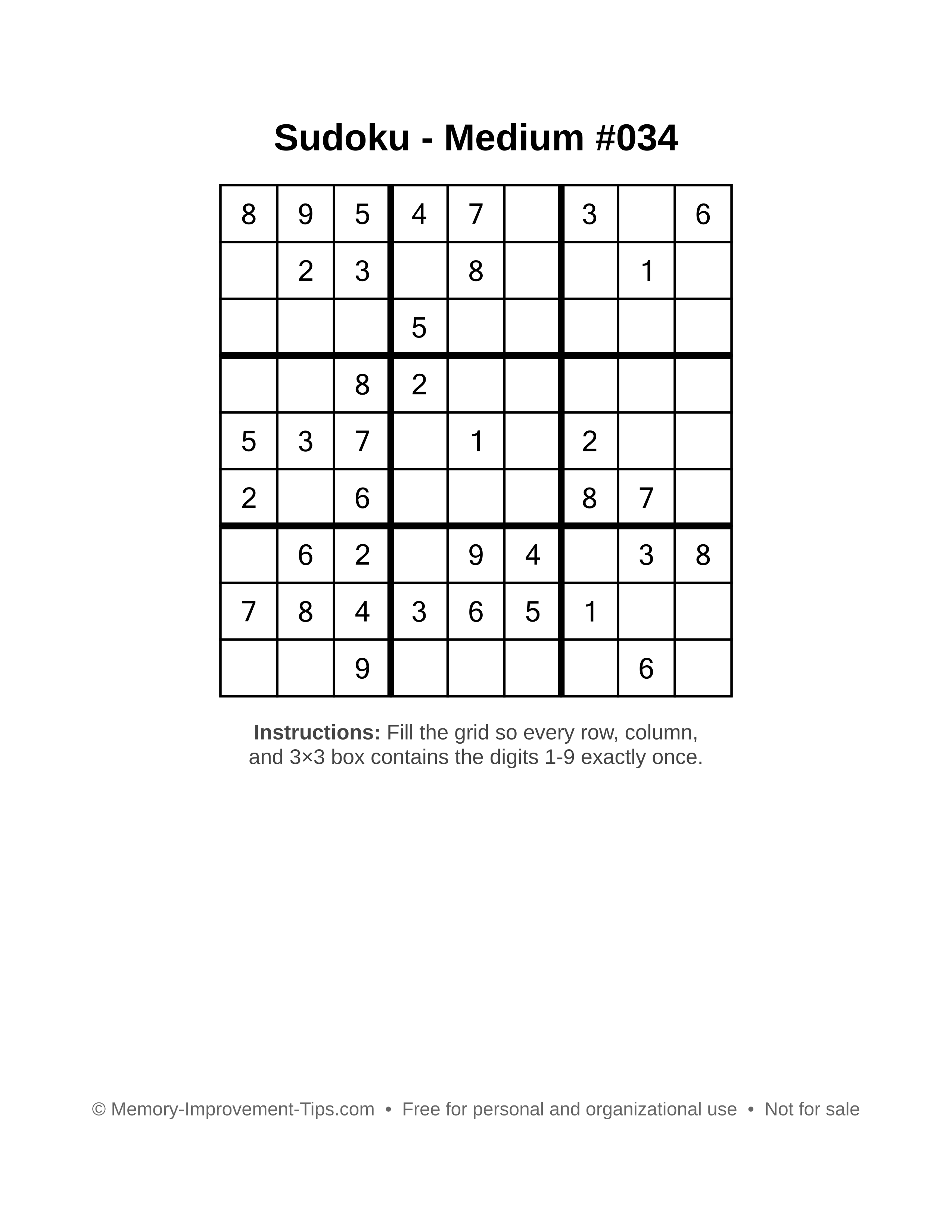Free printable Sudoku puzzle Medium #034