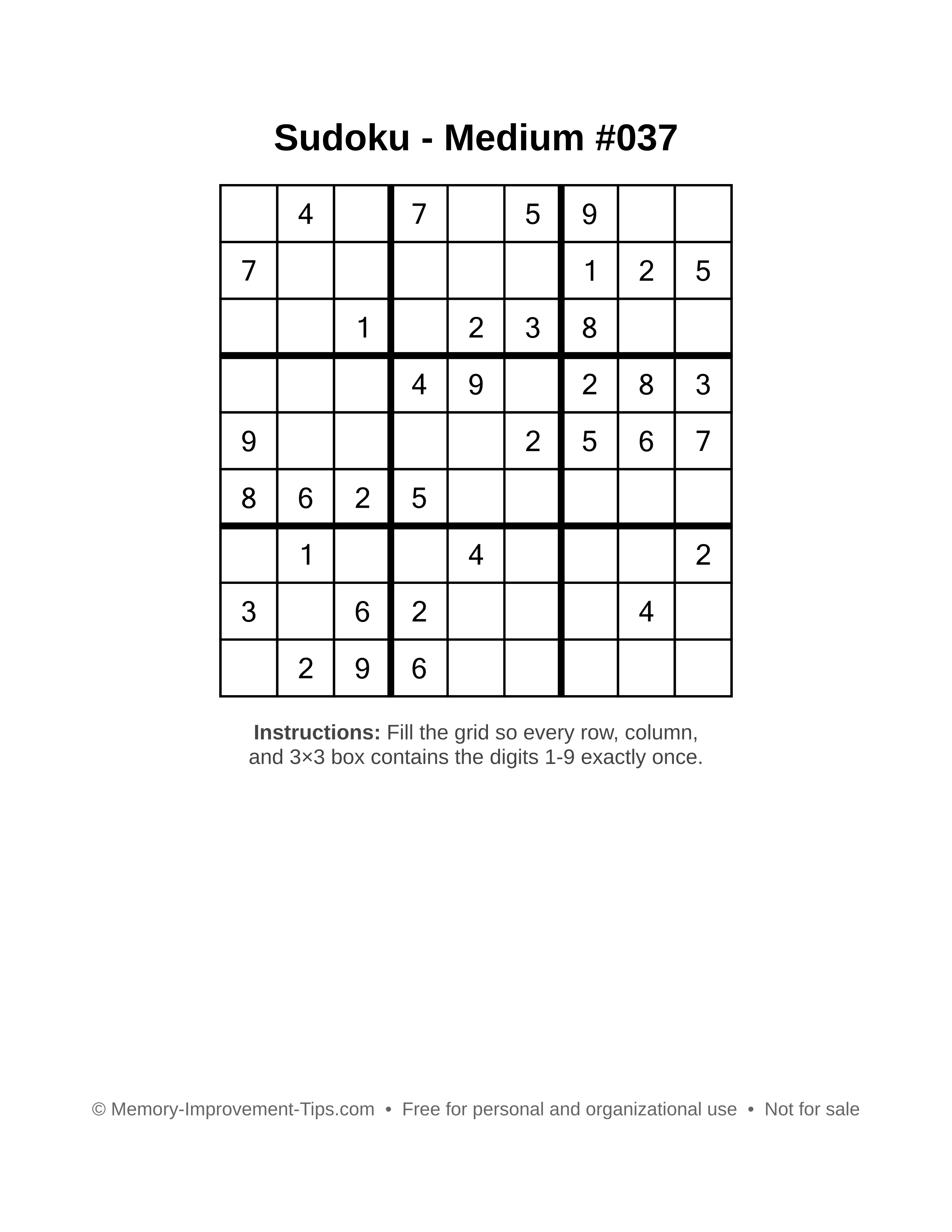 Free printable Sudoku puzzle Medium #037