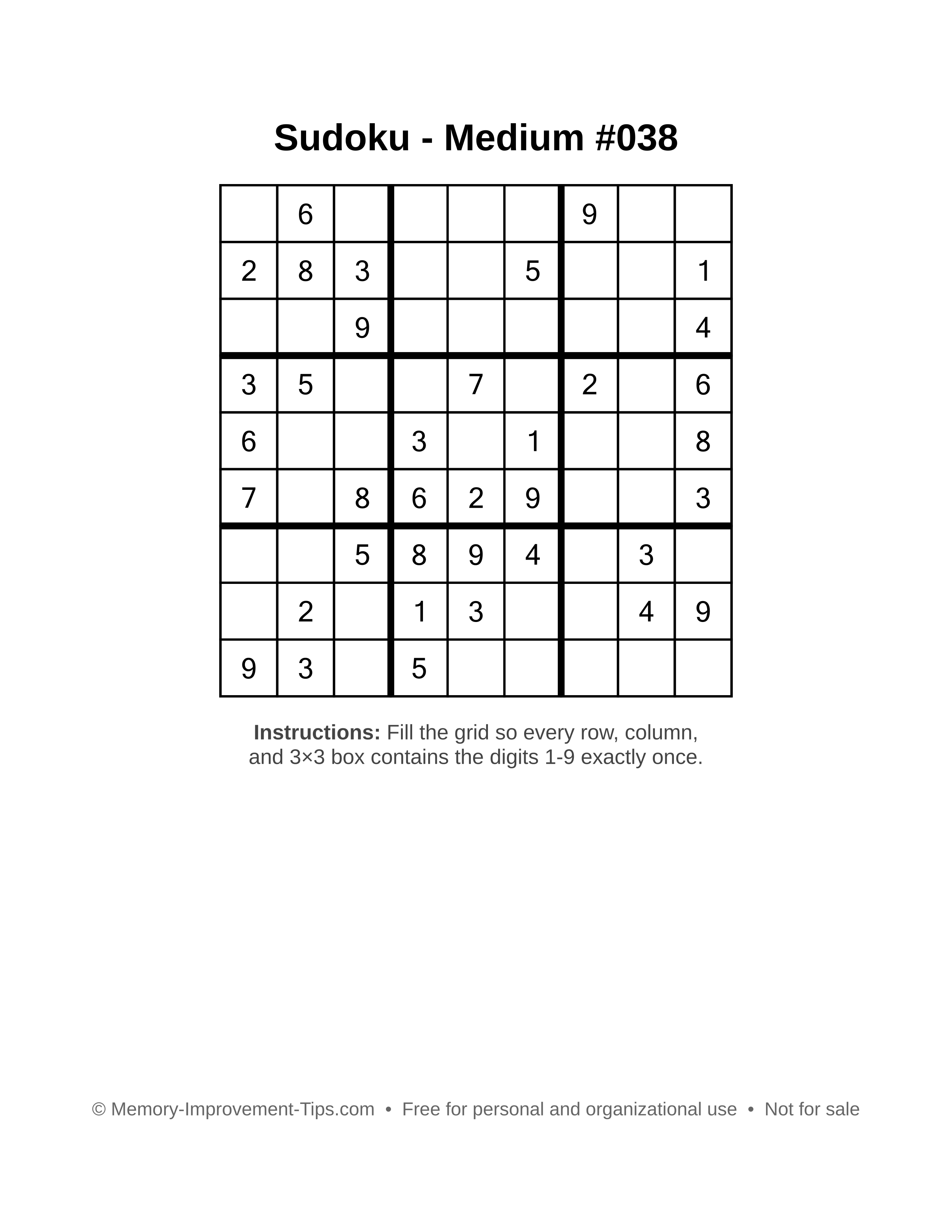 Free printable Sudoku puzzle Medium #038