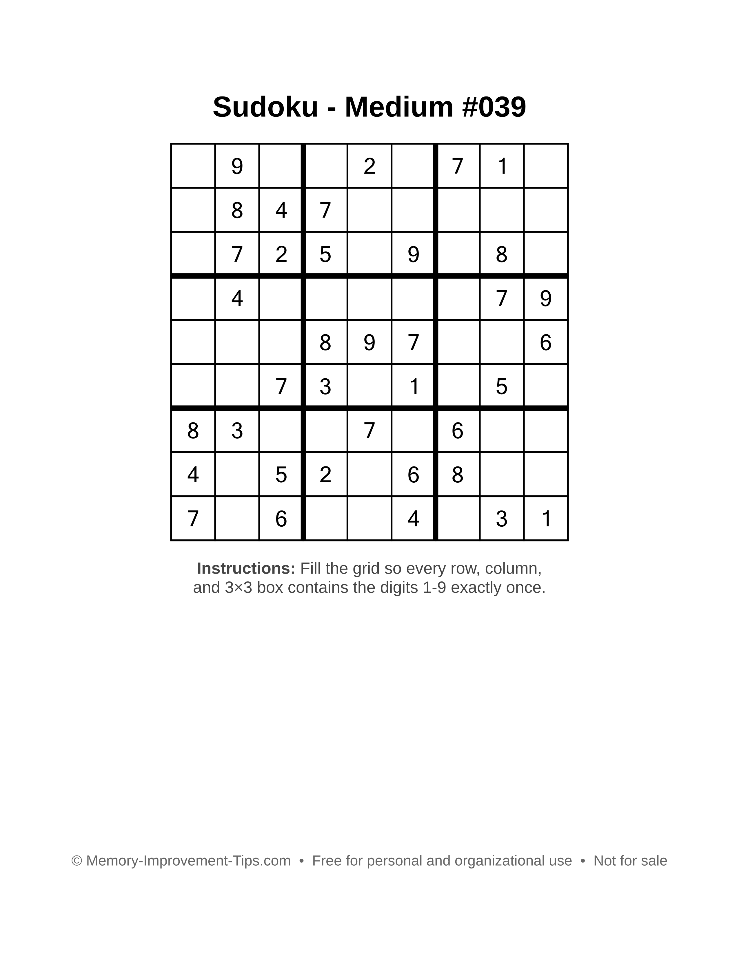 Free printable Sudoku puzzle Medium #039