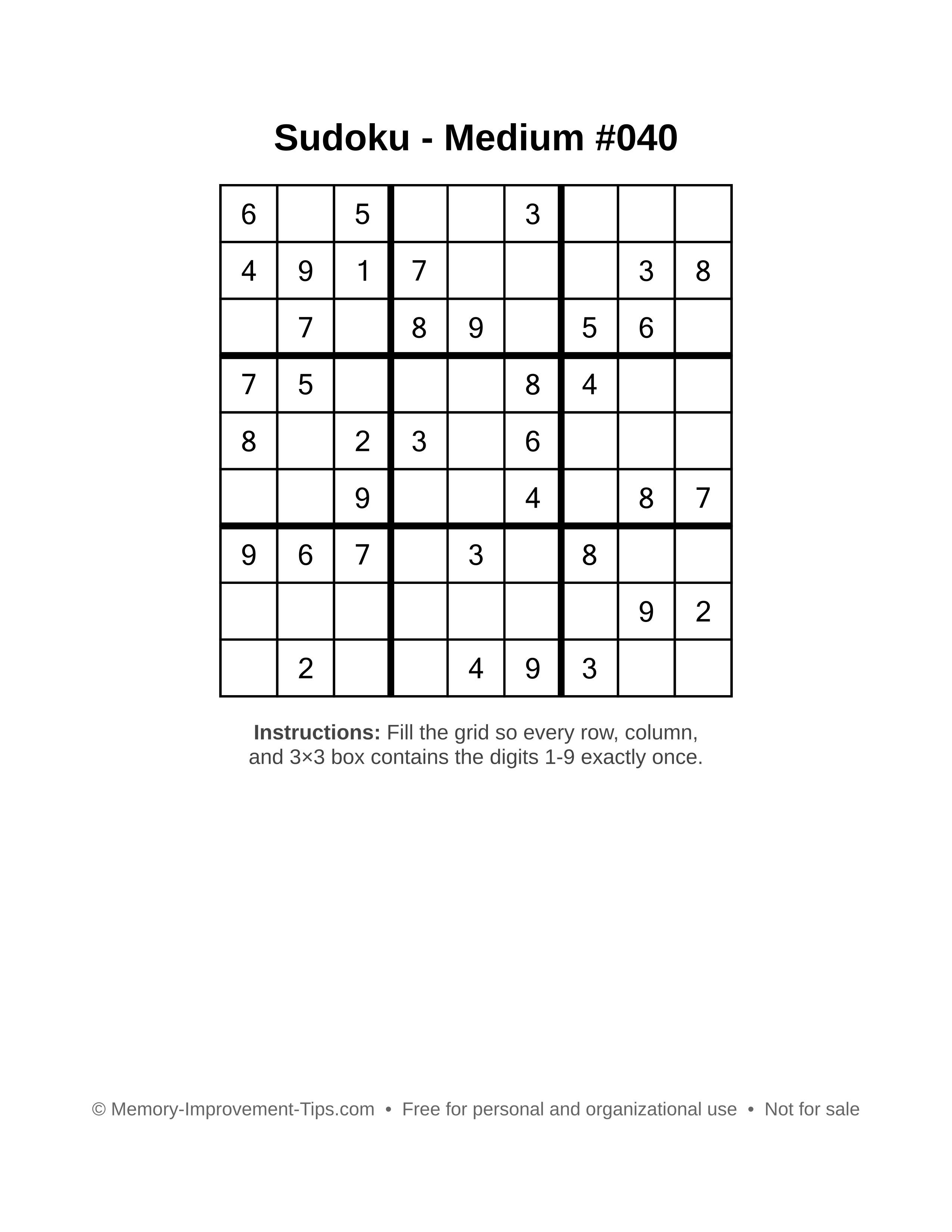 Free printable Sudoku puzzle Medium #040