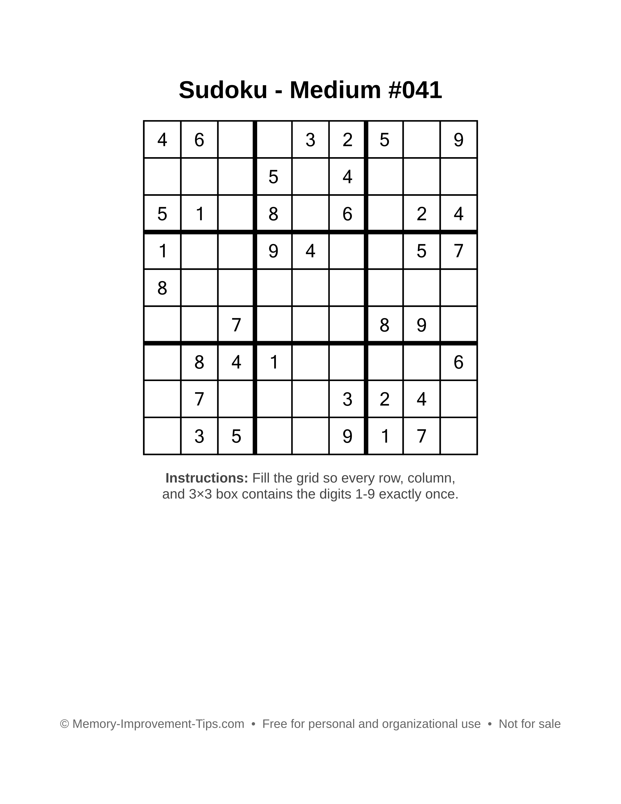 Free printable Sudoku puzzle Medium #041