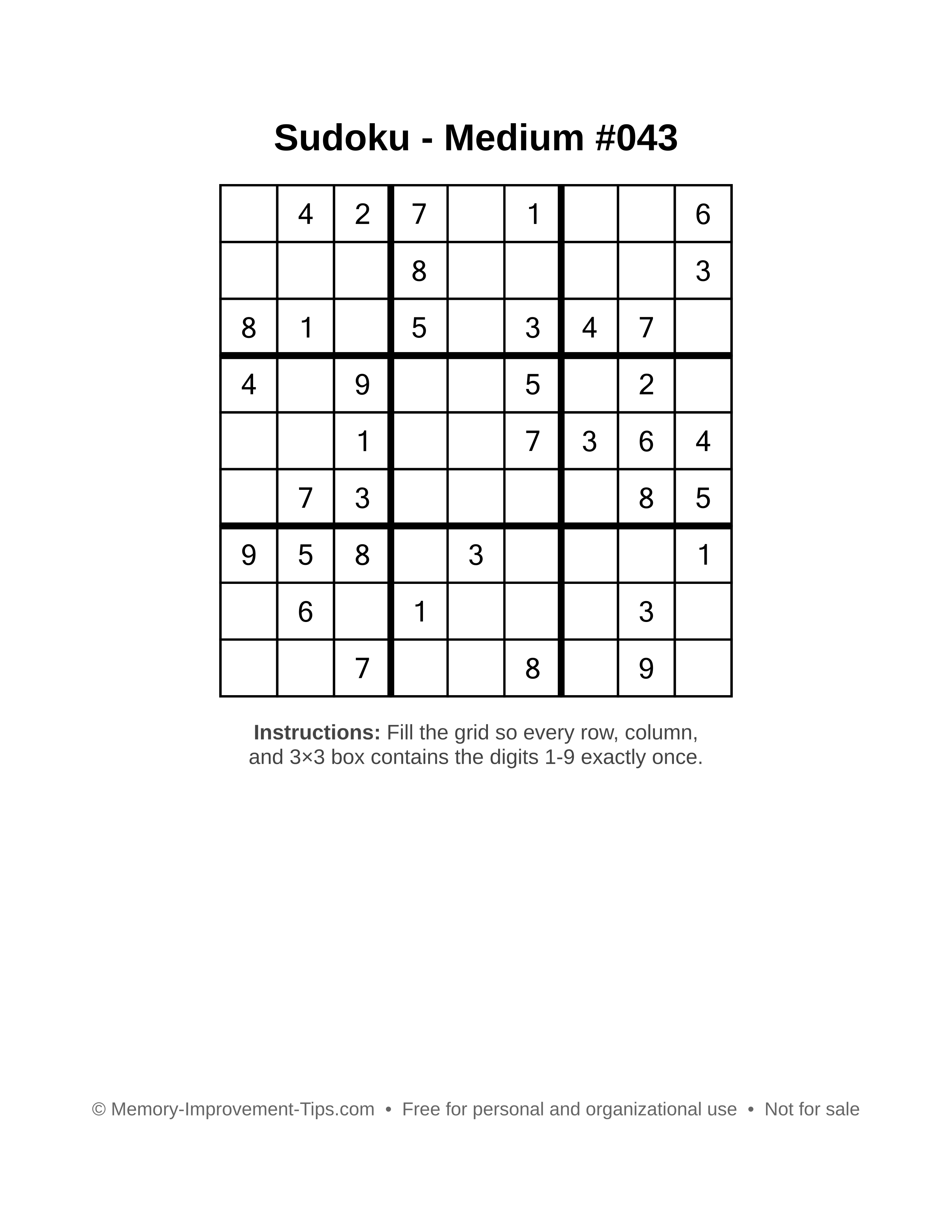 Free printable Sudoku puzzle Medium #043