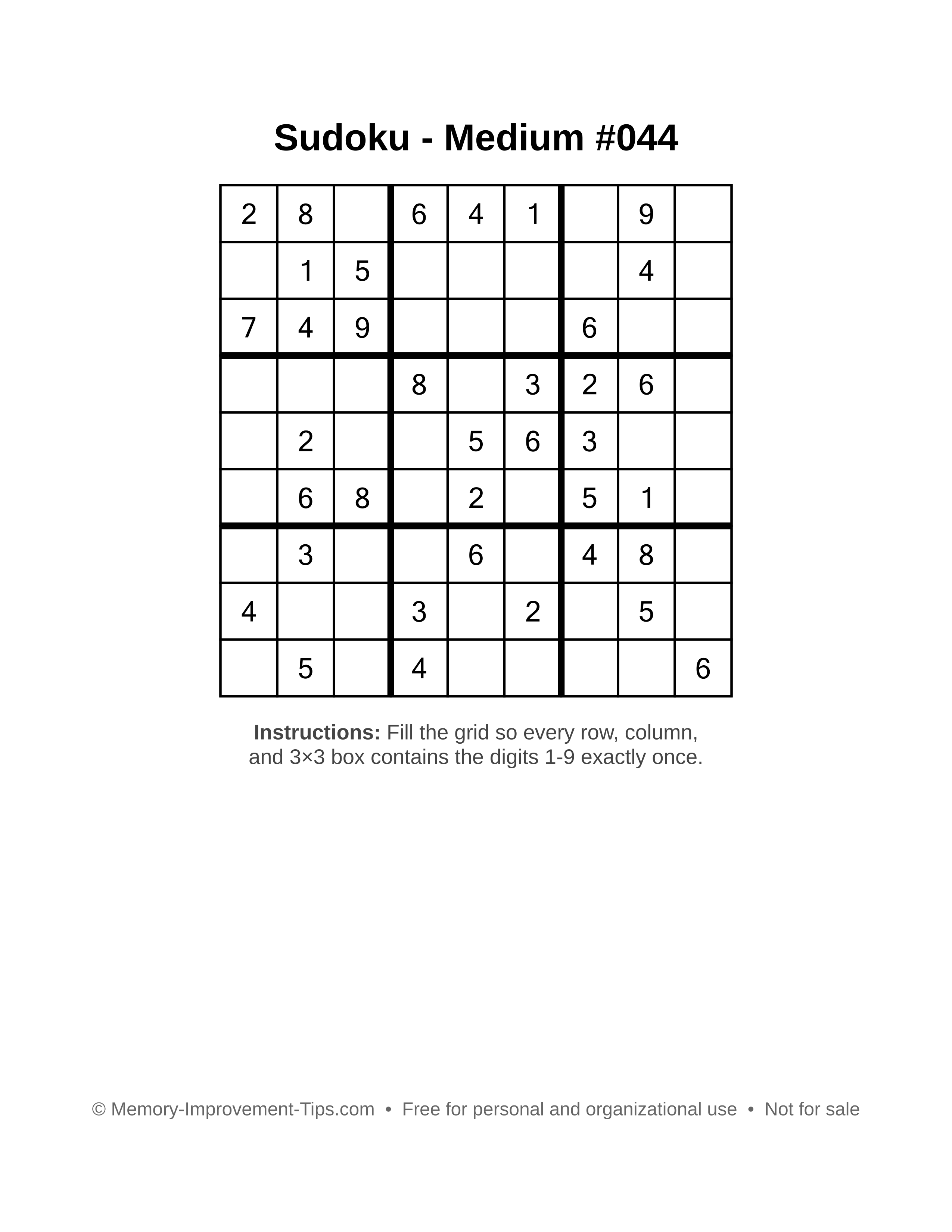 Free printable Sudoku puzzle Medium #044