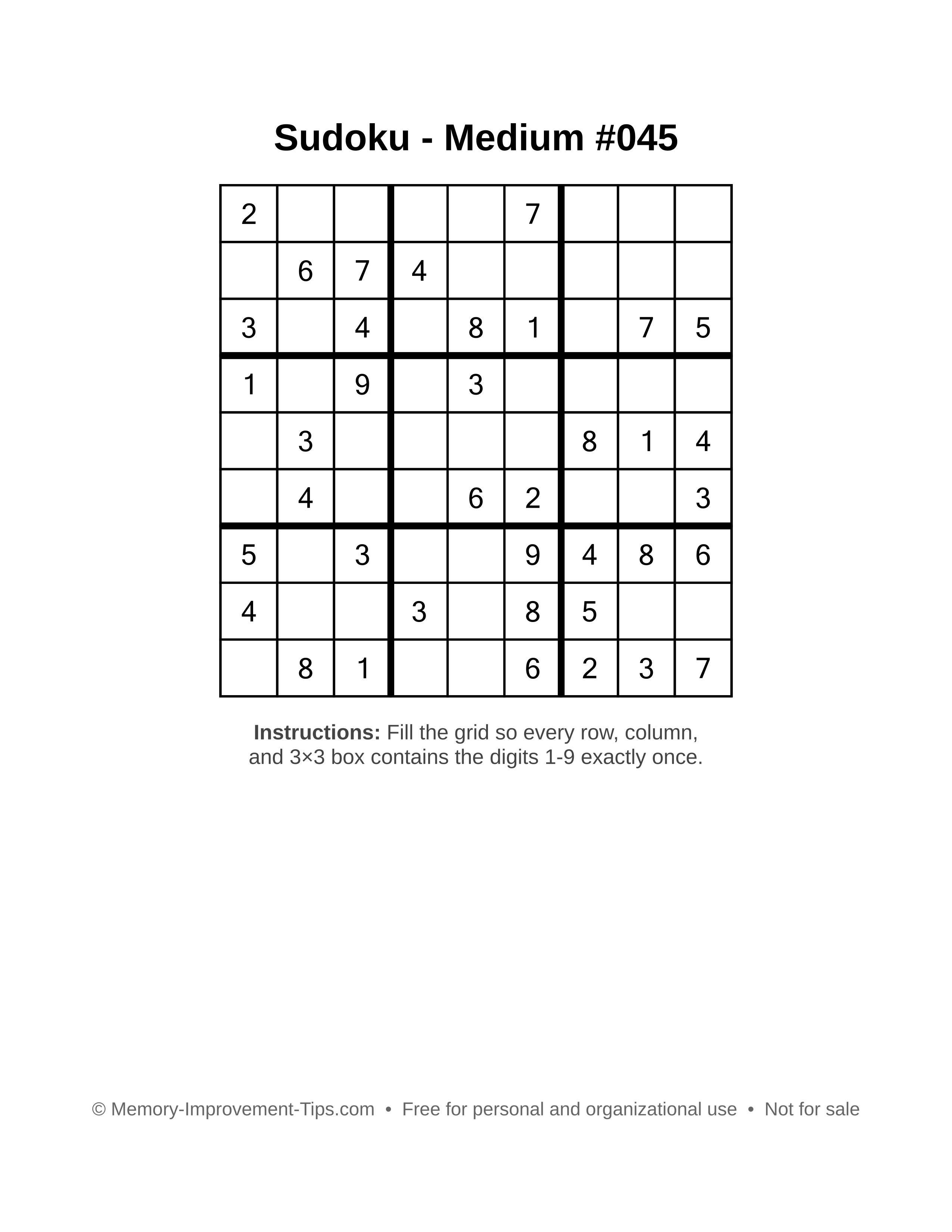 Free printable Sudoku puzzle Medium #045