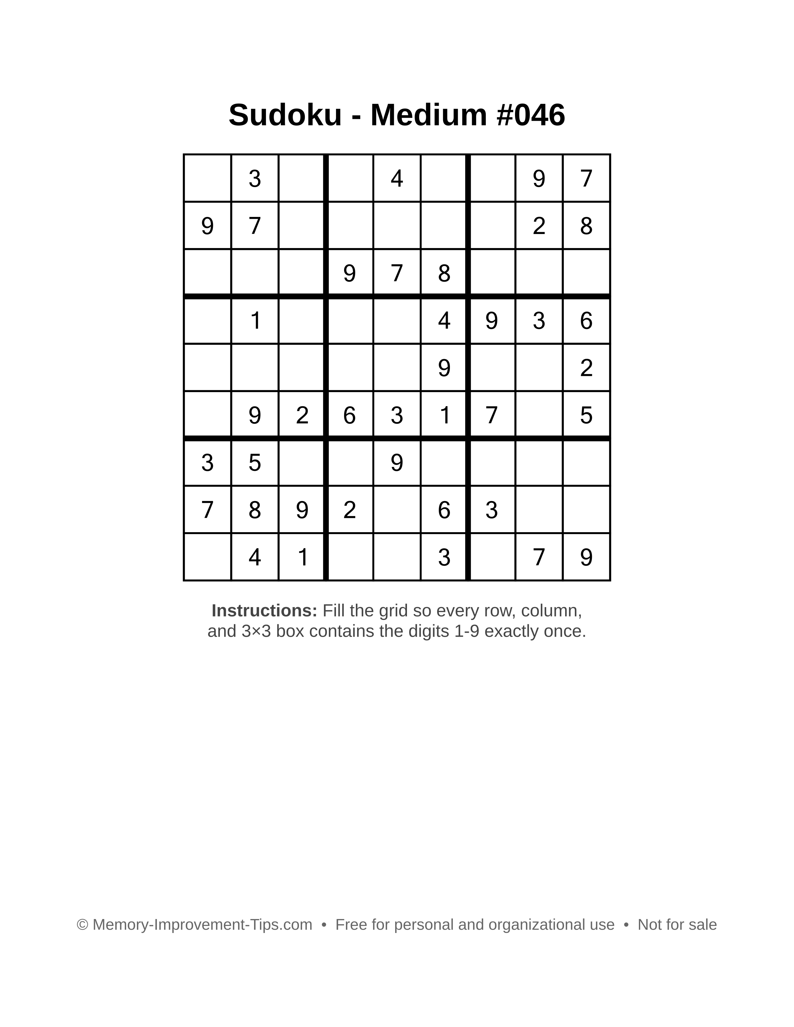 Free printable Sudoku puzzle Medium #046
