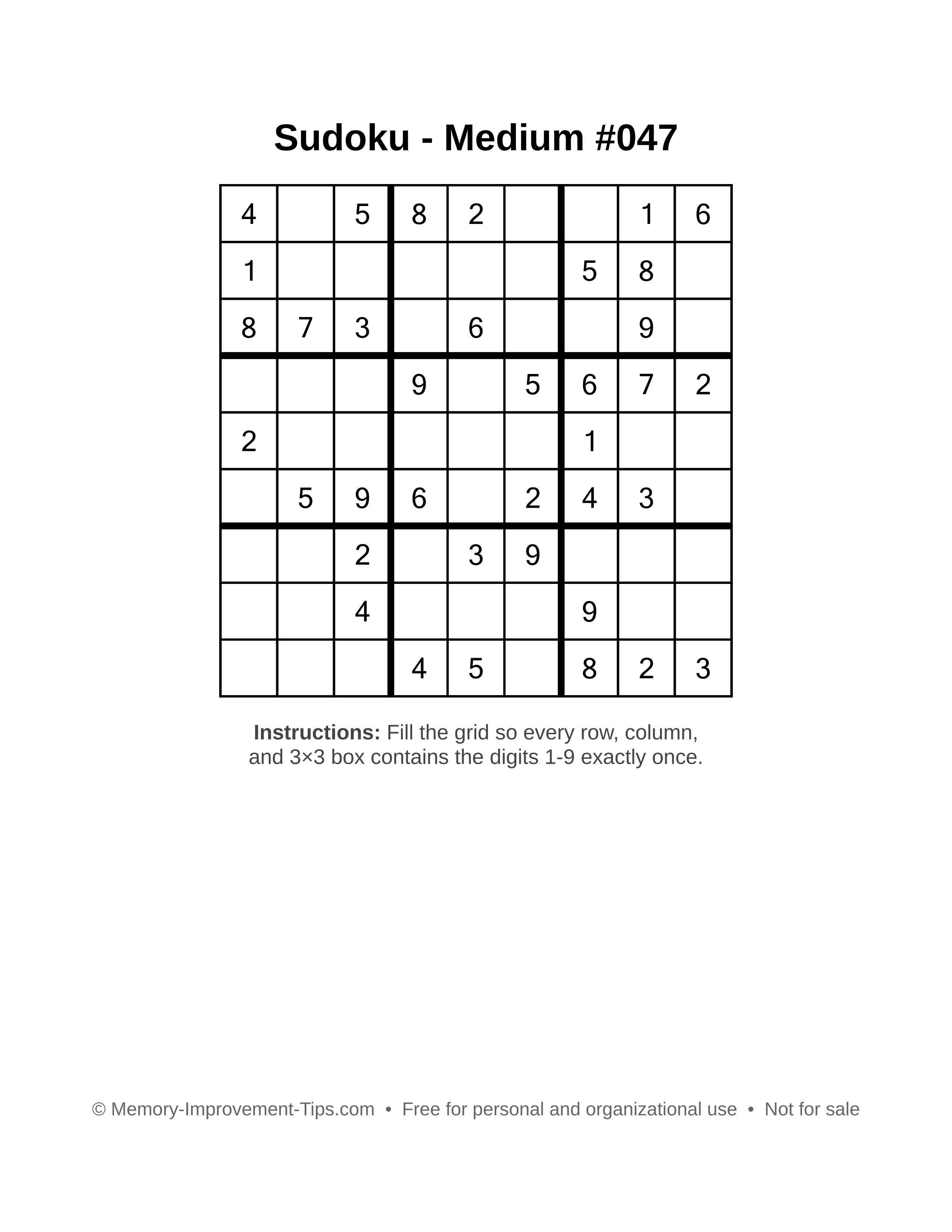 Free printable Sudoku puzzle Medium #047