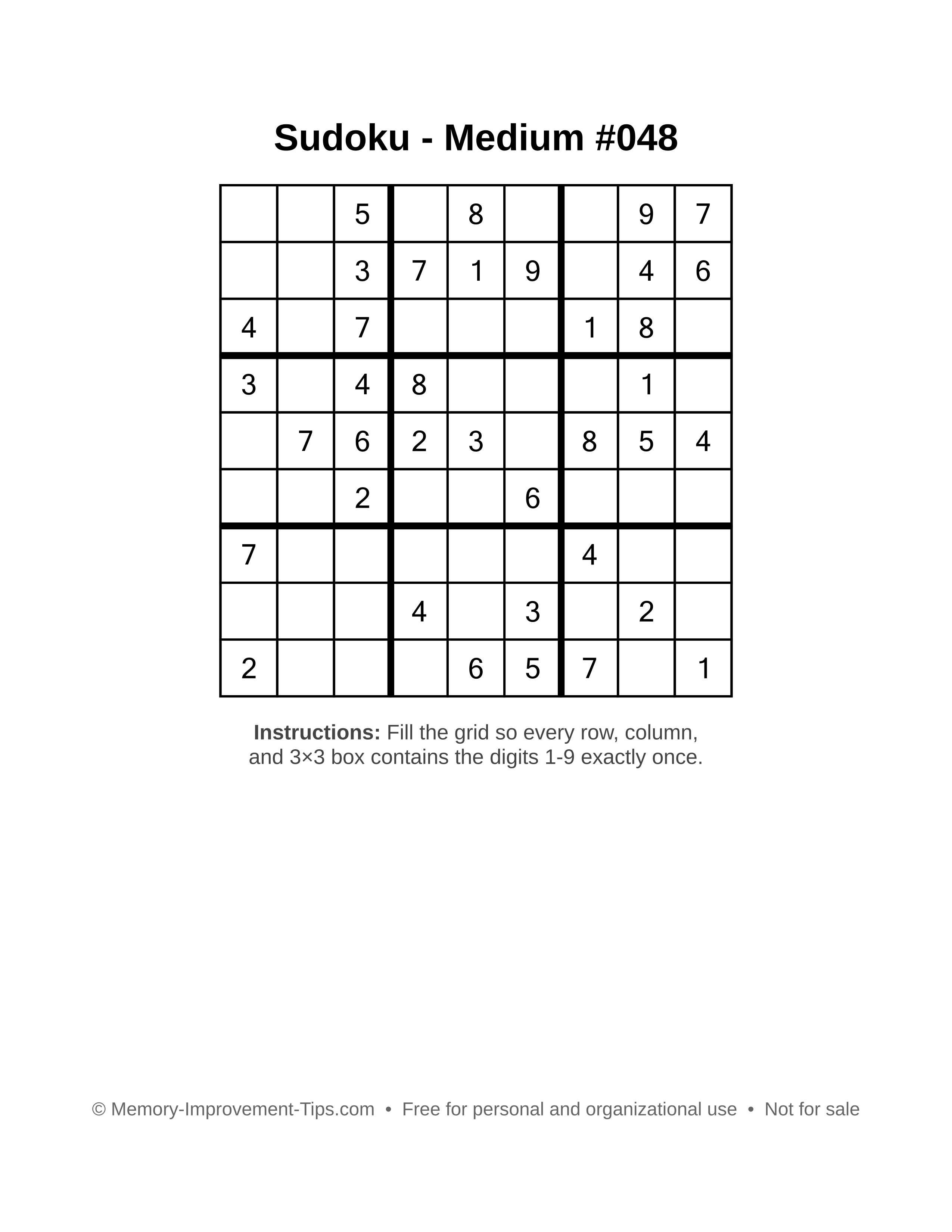 Free printable Sudoku puzzle Medium #048