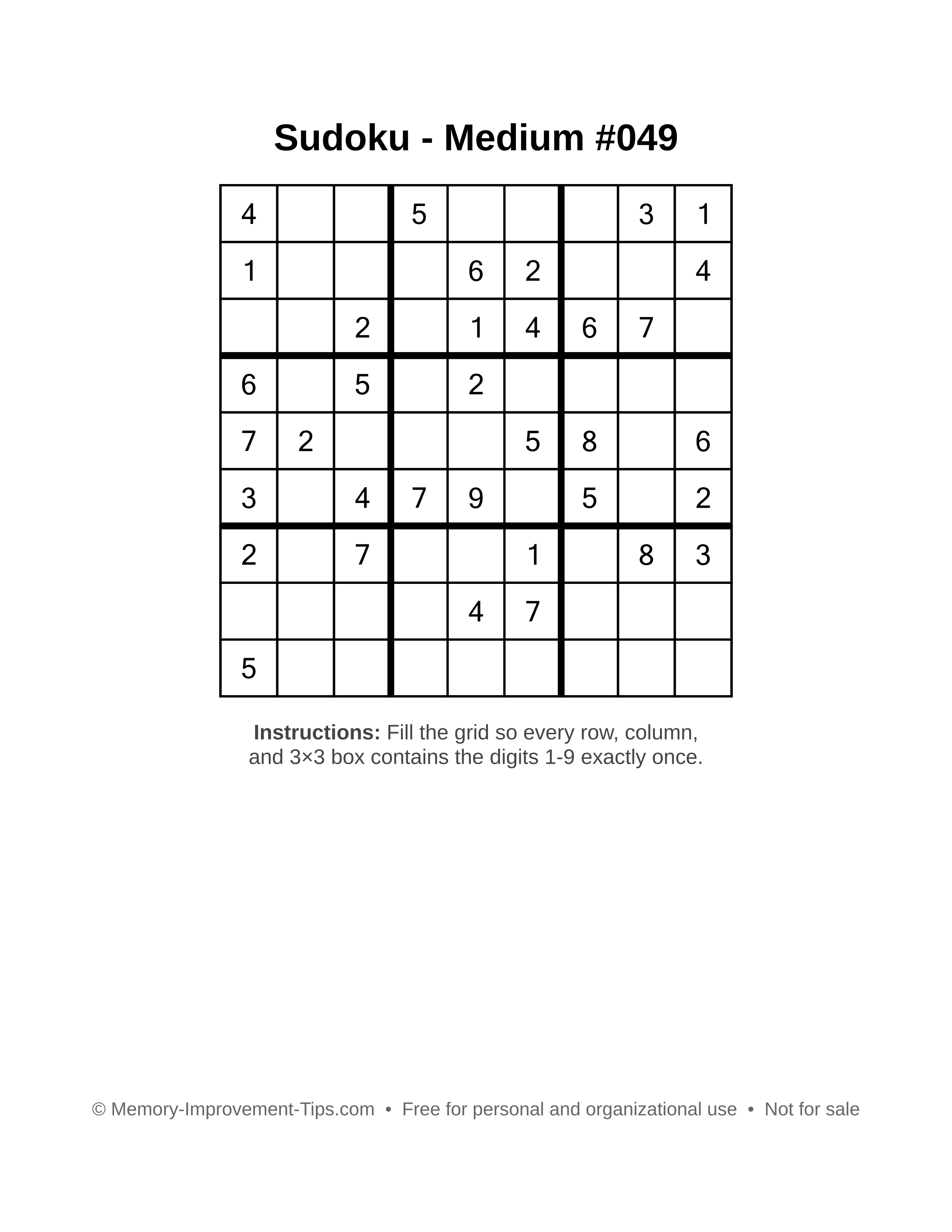 Free printable Sudoku puzzle Medium #049