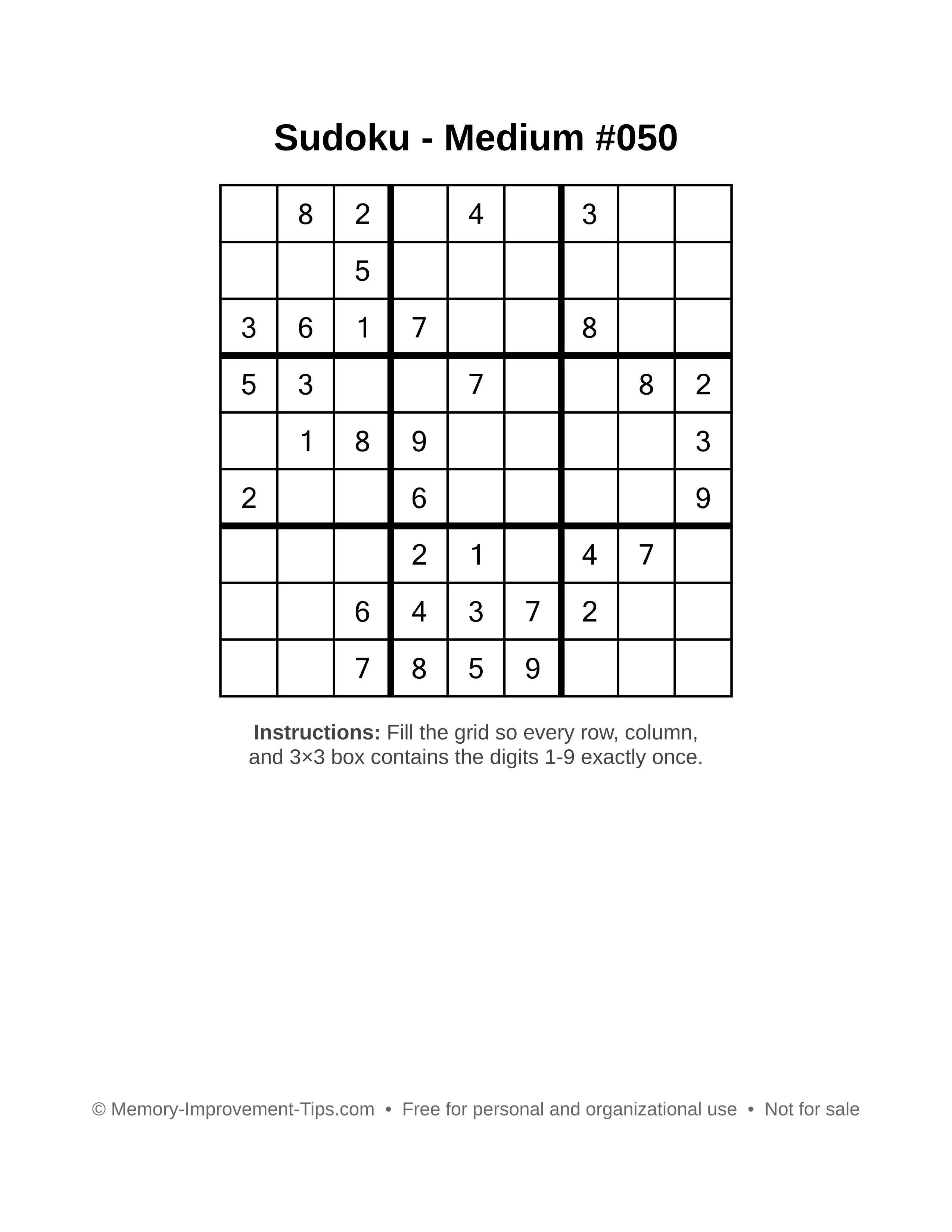 Free printable Sudoku puzzle Medium #050